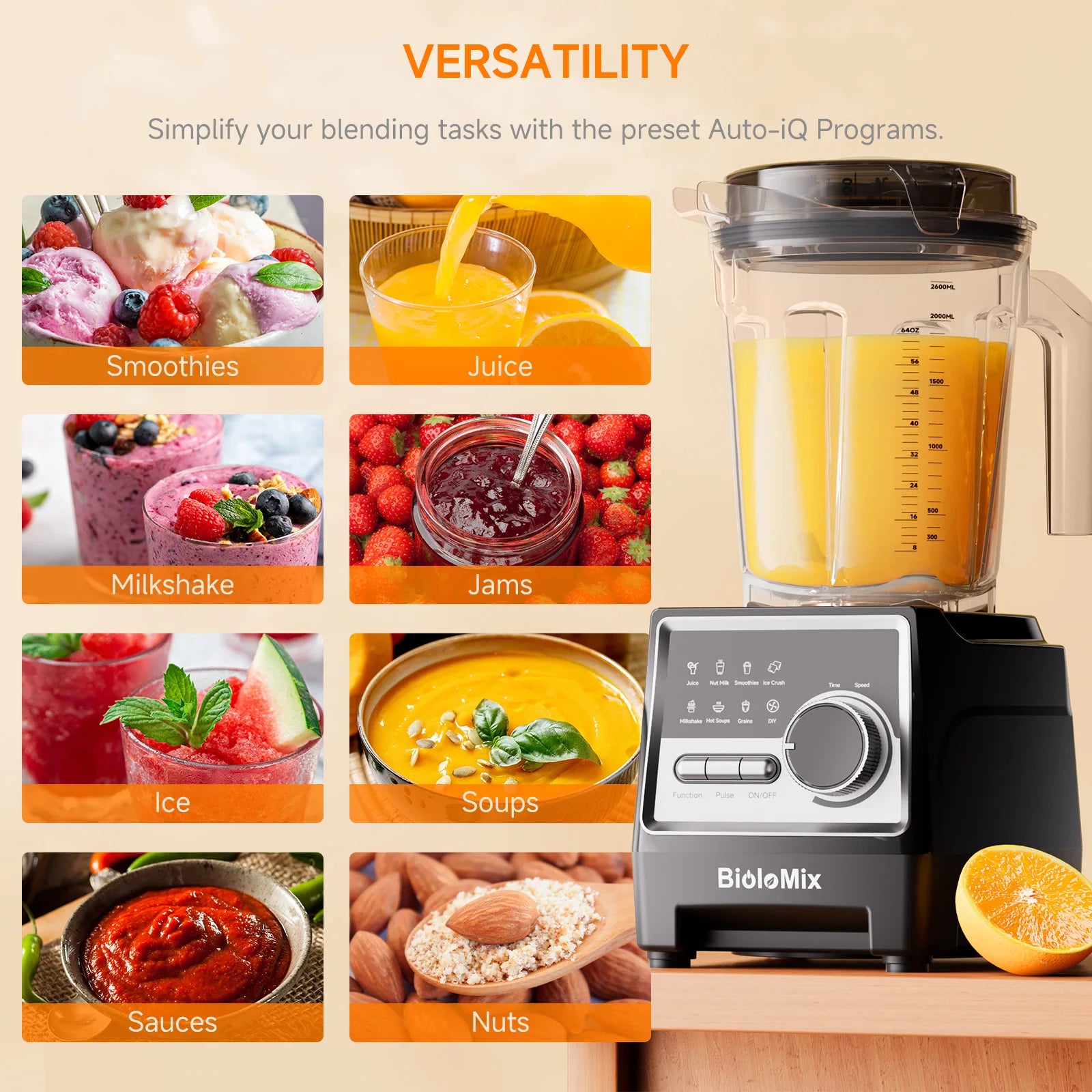 BioloMix 1500W Professional Blender With 2.6L BPA Free Jar With 6 Blades, 7 Preset Program for Smoothies, Shakes, Nut Milk Taj Home Store