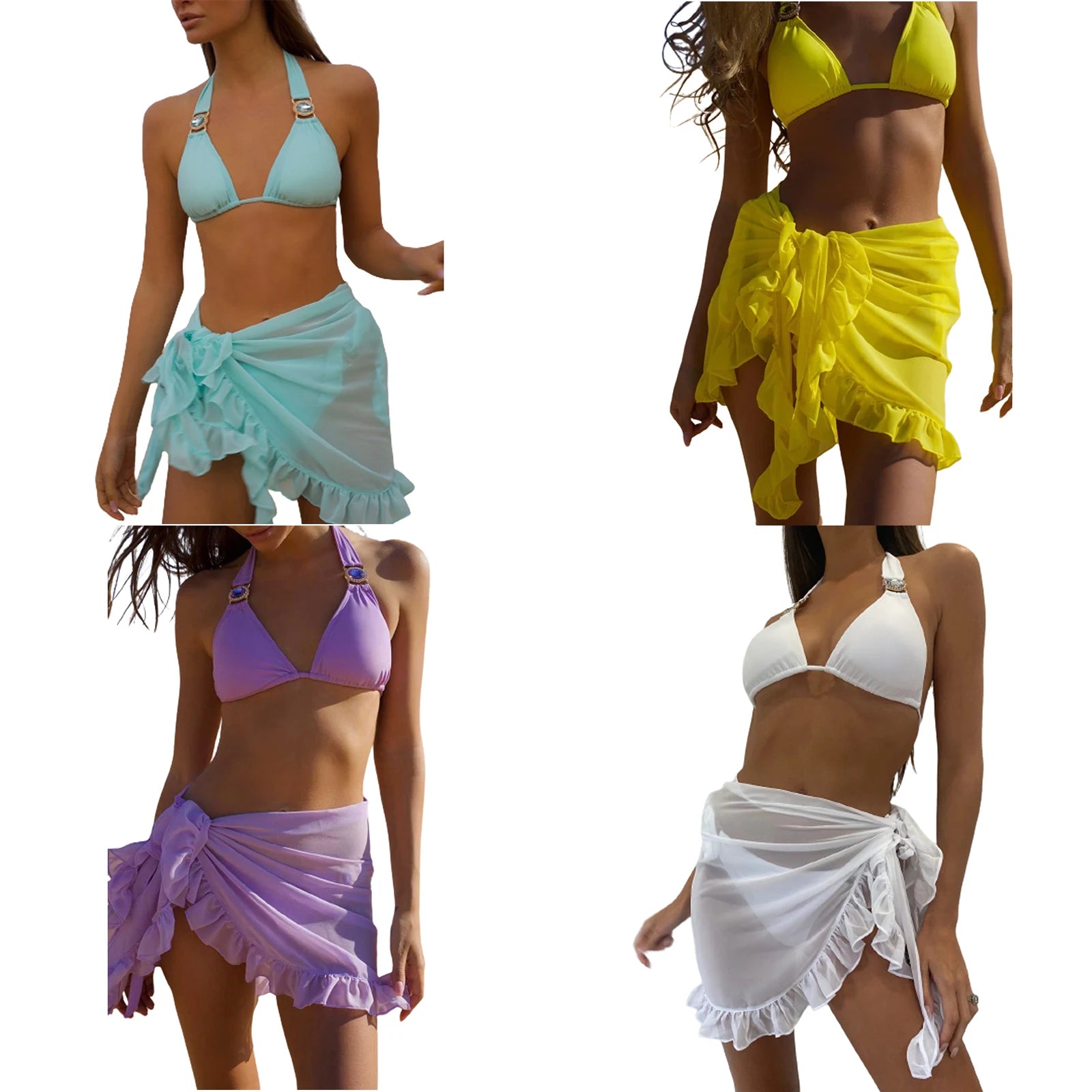 Women Swimsuit Bikini Cover-Ups Skirt Summer Solid Color Beach Wrap Skirt Swimwear Female Ruffles Trim Lace Up Sarong Cover Ups Taj Home Store