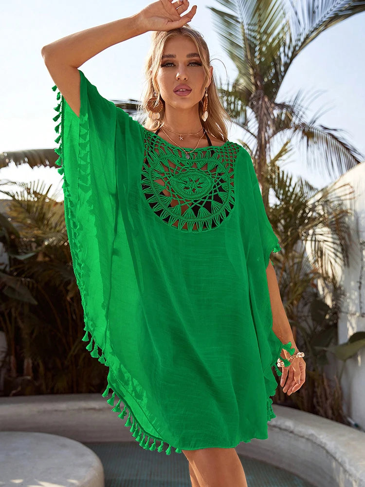 Beach Cover Up Women Knitted Sunflower Beach Wear Fringe Tunic Ladies Bathing Suit Cover-ups Bikini Ups Bathing Suit Beachwear Taj Home Store