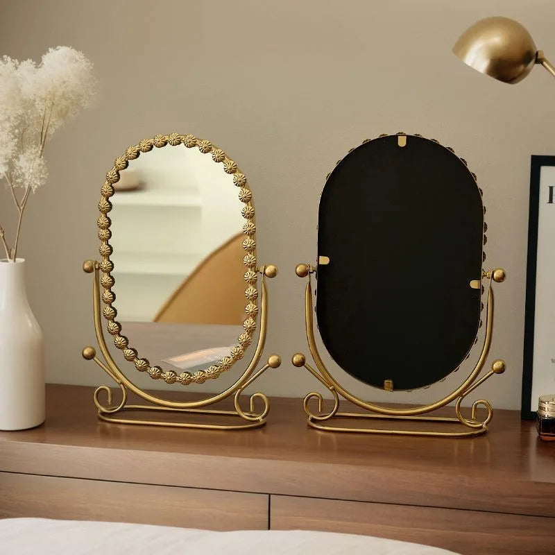 Light Luxury Wrought Iron Vertical Mirror Rotatable Retro Makeup Mirror Bedroom Vanity Mirror Desktop Ornament Photo Props Taj Home Store