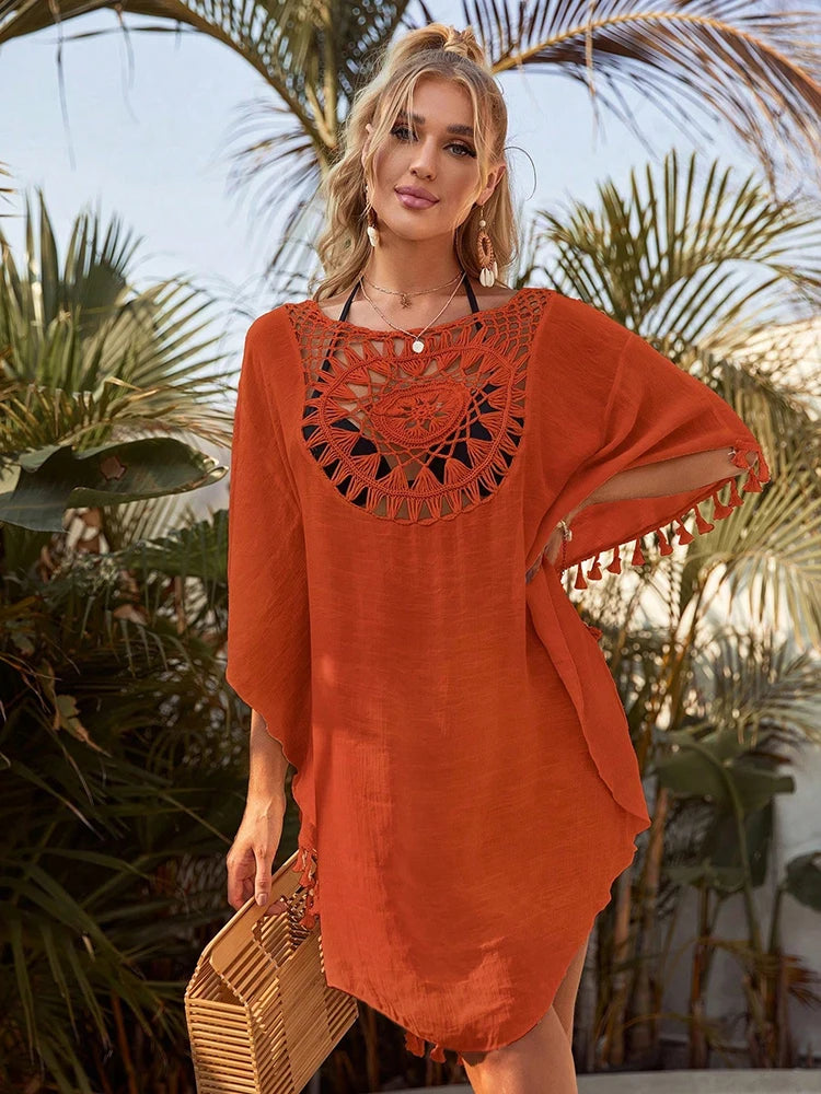 Beach Cover Up Women Knitted Sunflower Beach Wear Fringe Tunic Ladies Bathing Suit Cover-ups Bikini Ups Bathing Suit Beachwear Taj Home Store