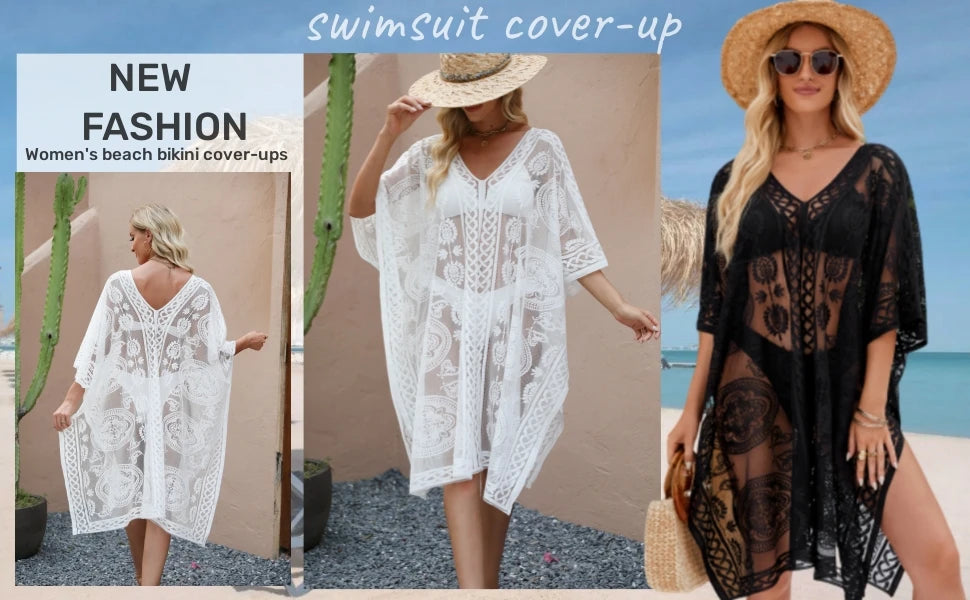 Sexy Elegant Lace Beach Cover Up for Women, Bathing Suit Cover Up, V-Neck Swimsuit Coverup for Poolside, Seaside and Party Taj Home Store