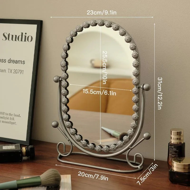Light Luxury Wrought Iron Vertical Mirror Rotatable Retro Makeup Mirror Bedroom Vanity Mirror Desktop Ornament Photo Props Taj Home Store