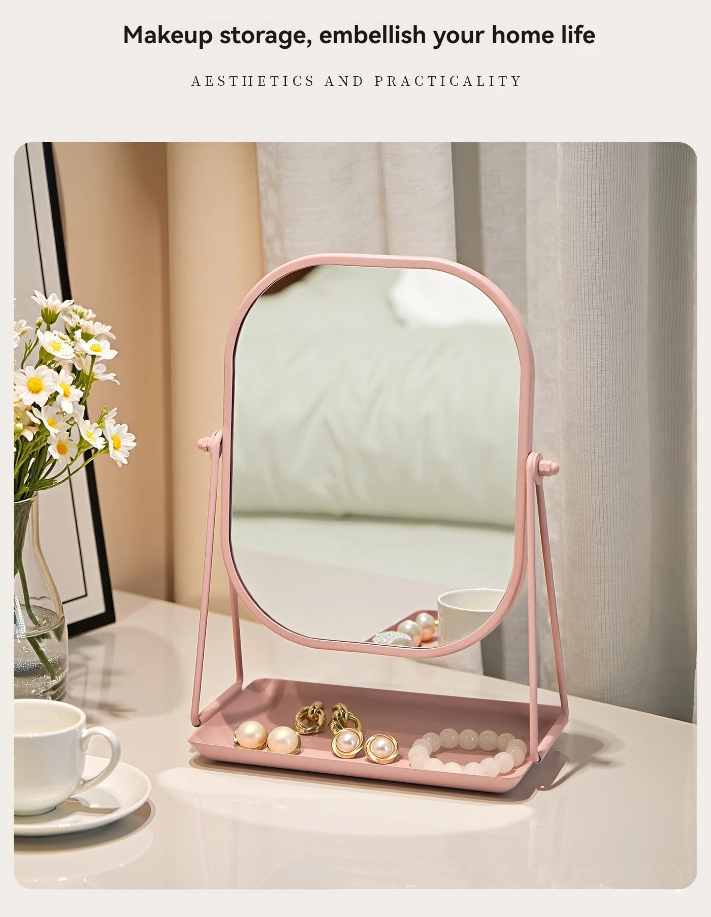 Rotating makeup mirror, light luxury style desktop with chassis, can store large makeup mirror, home dressing table mirror Taj Home Store