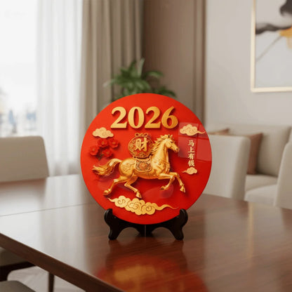 Horse Year Decorative Paintings Ornament Round Good Luck Desktop Ornament Wooden Funny Home Decor Ornament TV Cabinets Taj Home Store