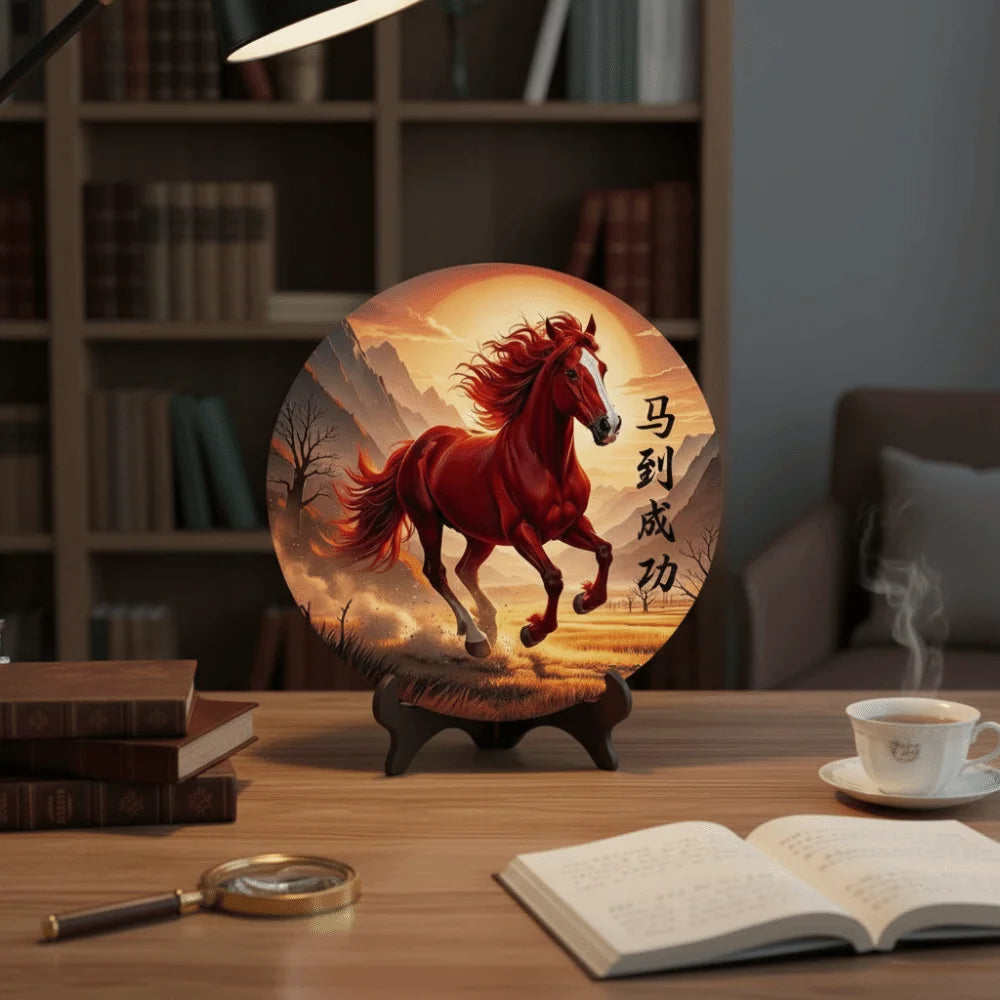 Horse Year Decorative Paintings Ornament Round Good Luck Desktop Ornament Wooden Funny Home Decor Ornament TV Cabinets Taj Home Store