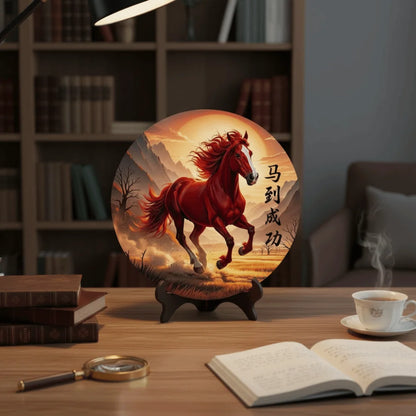 Horse Year Decorative Paintings Ornament Round Good Luck Desktop Ornament Wooden Funny Home Decor Ornament TV Cabinets Taj Home Store