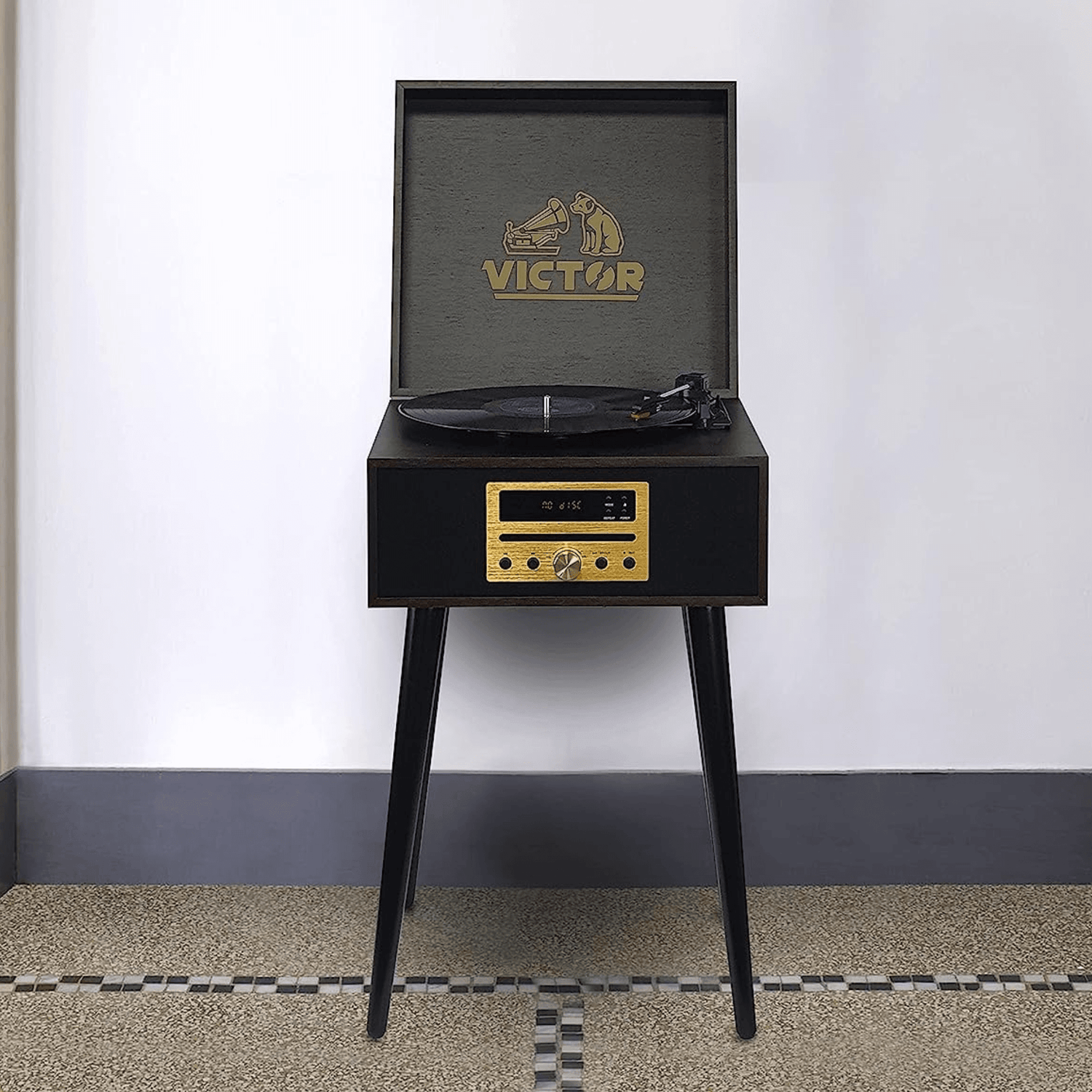 Victor Newbury 8-in-1 Music Center w Chair-Height Legs, USB Slot &amp; AM FM Radio Jupiter Gear Home