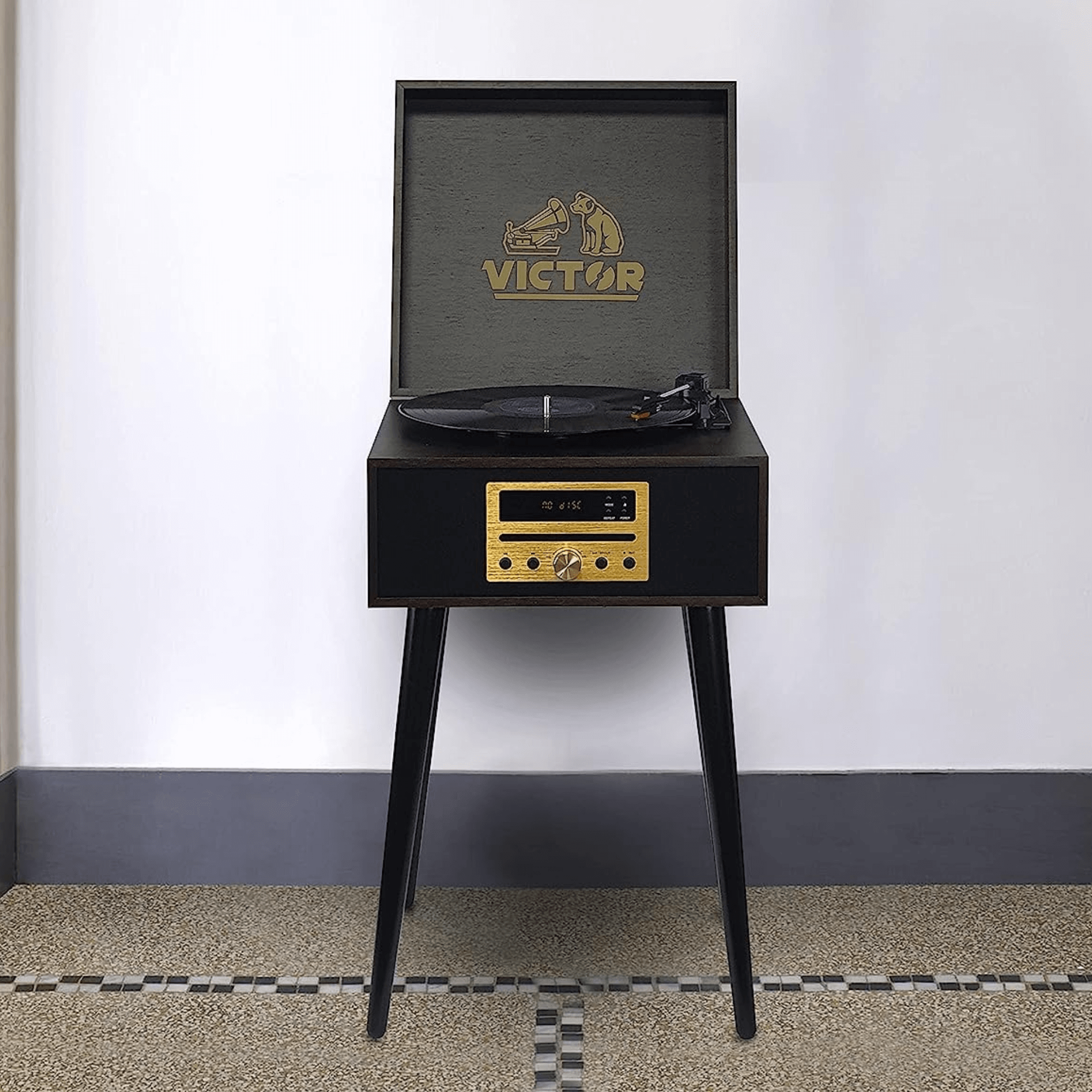 Victor Newbury 8-in-1 Music Center w Chair-Height Legs, USB Slot &amp; AM FM Radio Jupiter Gear Home