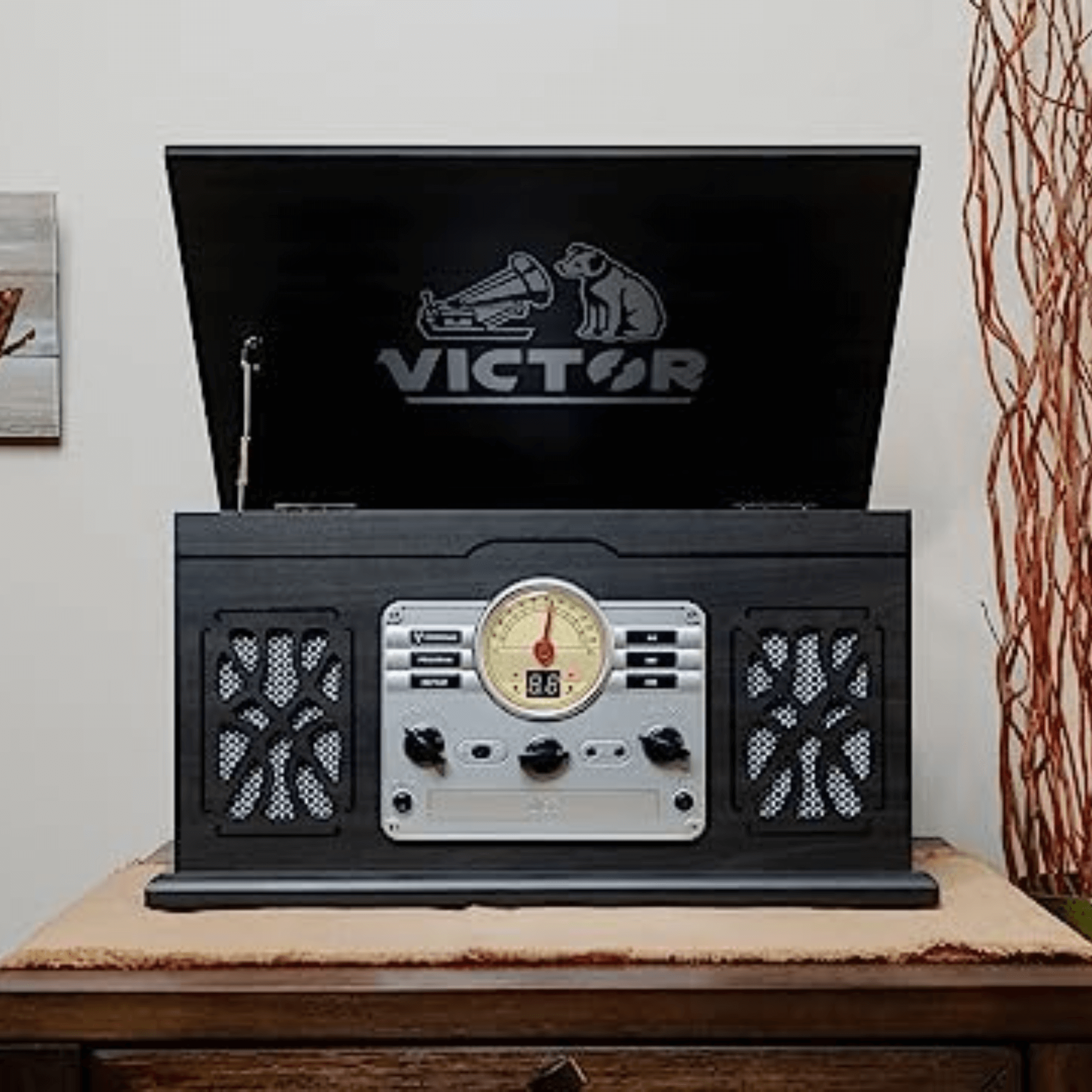 Victor State 7-in-1 Wood Music Center with 3-Speed Turntable and Dual Bluetooth Jupiter Gear Home