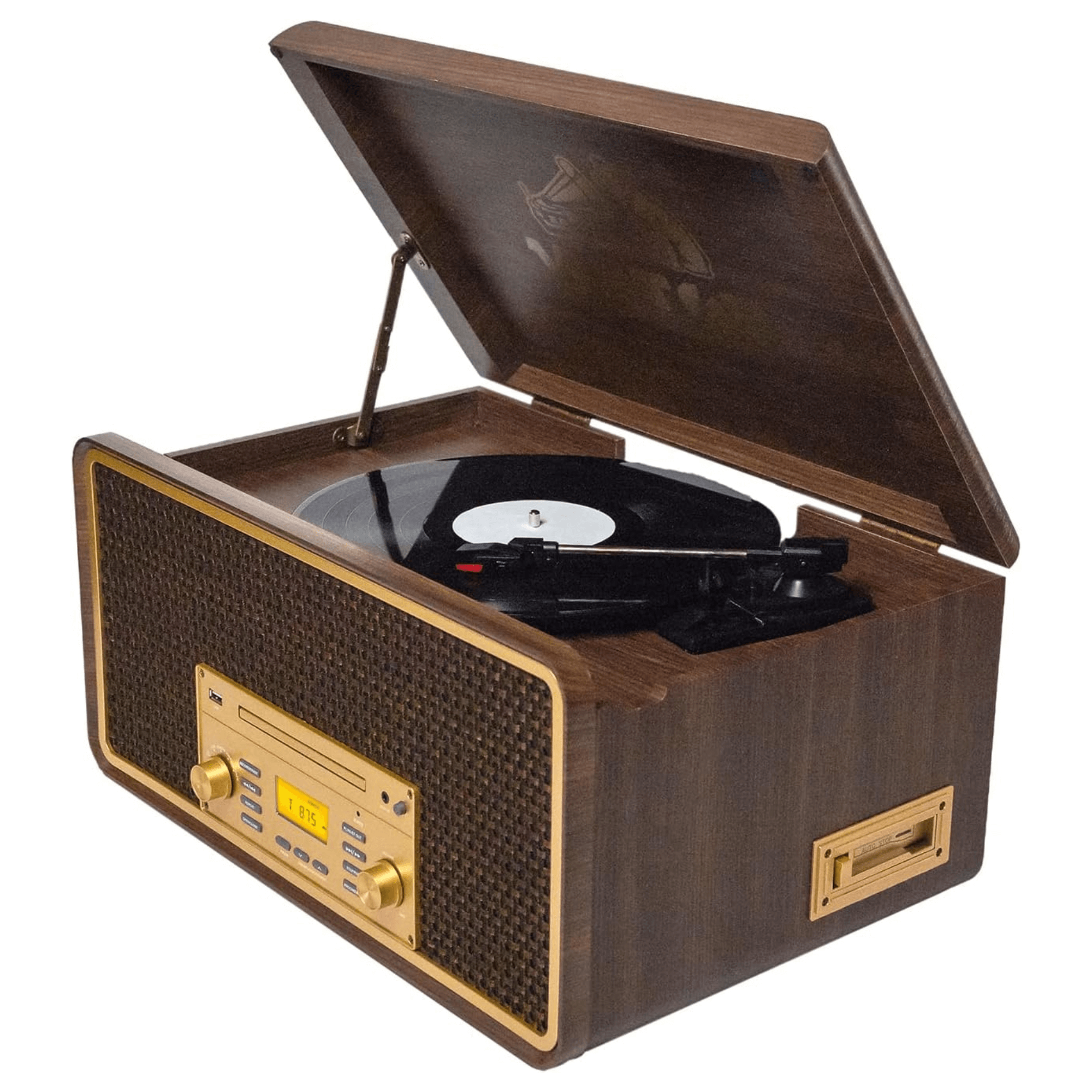 Victor Monument 8-in-1 Wood Music Center with 3-Speed Turntable &amp; Dual Bluetooth Jupiter Gear Home