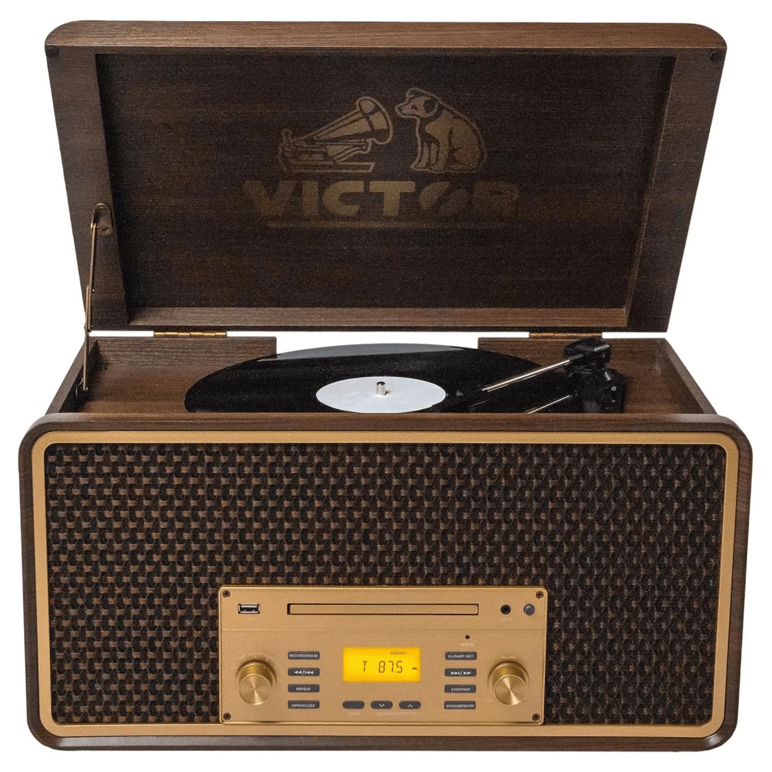 Victor Monument 8-in-1 Wood Music Center with 3-Speed Turntable &amp; Dual Bluetooth Jupiter Gear Home