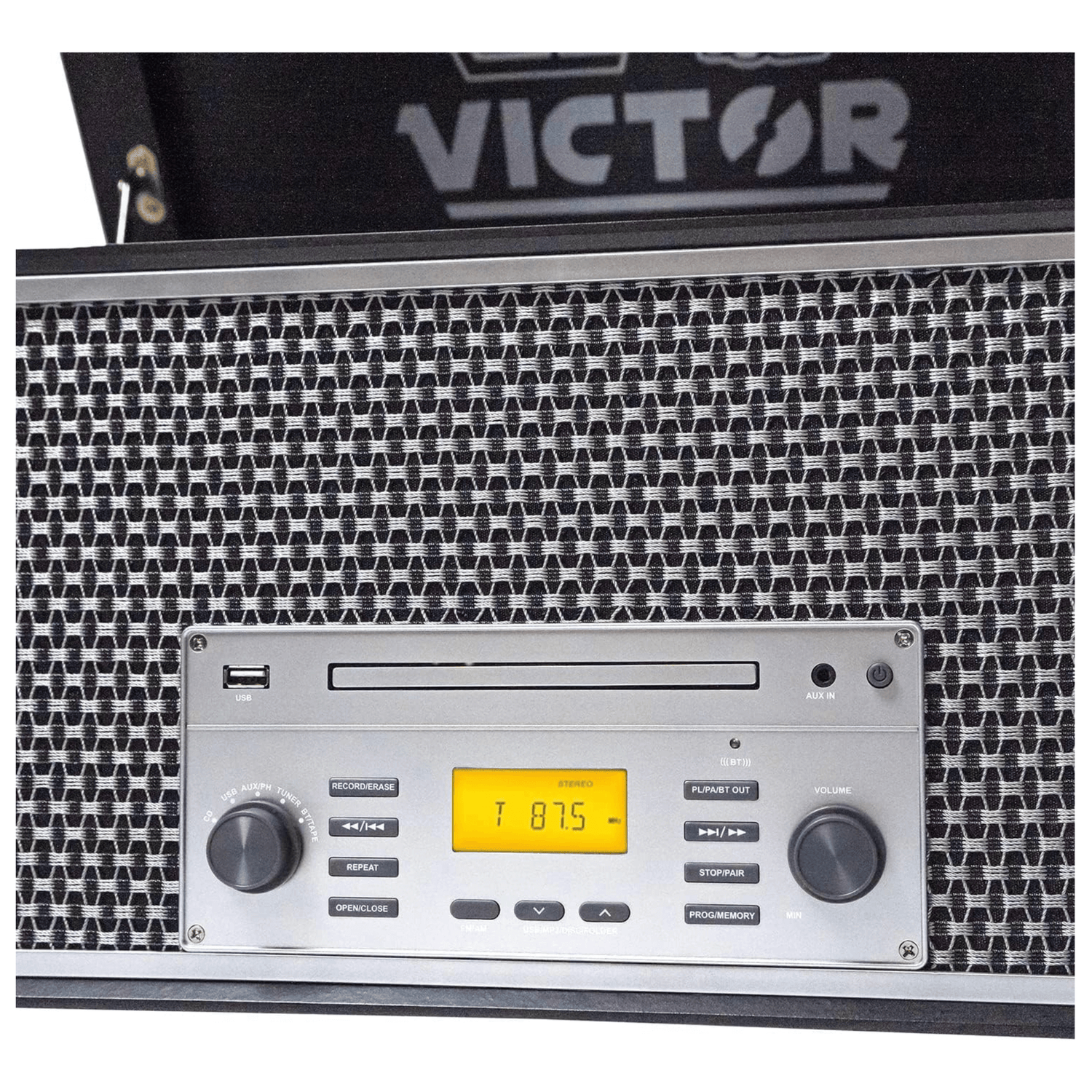 Victor Monument 8-in-1 Wood Music Center with 3-Speed Turntable &amp; Dual Bluetooth Jupiter Gear Home