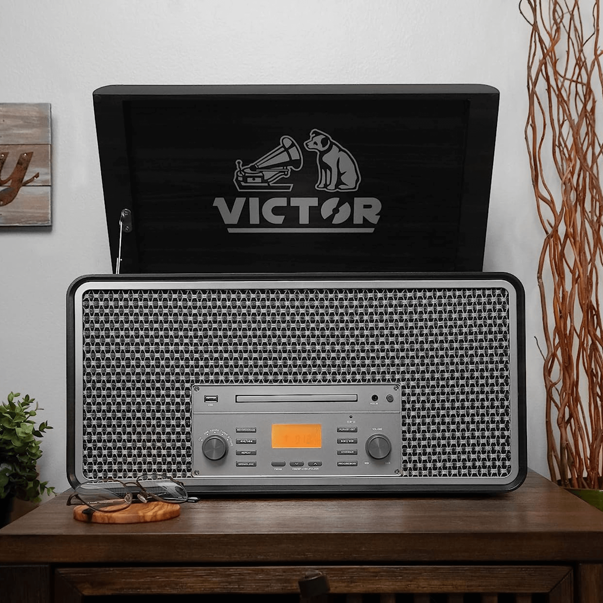 Victor Monument 8-in-1 Wood Music Center with 3-Speed Turntable &amp; Dual Bluetooth Jupiter Gear Home