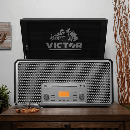 Victor Monument 8-in-1 Wood Music Center with 3-Speed Turntable &amp; Dual Bluetooth Jupiter Gear Home