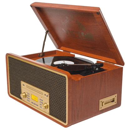 Victor Monument 8-in-1 Wood Music Center with 3-Speed Turntable &amp; Dual Bluetooth Jupiter Gear Home