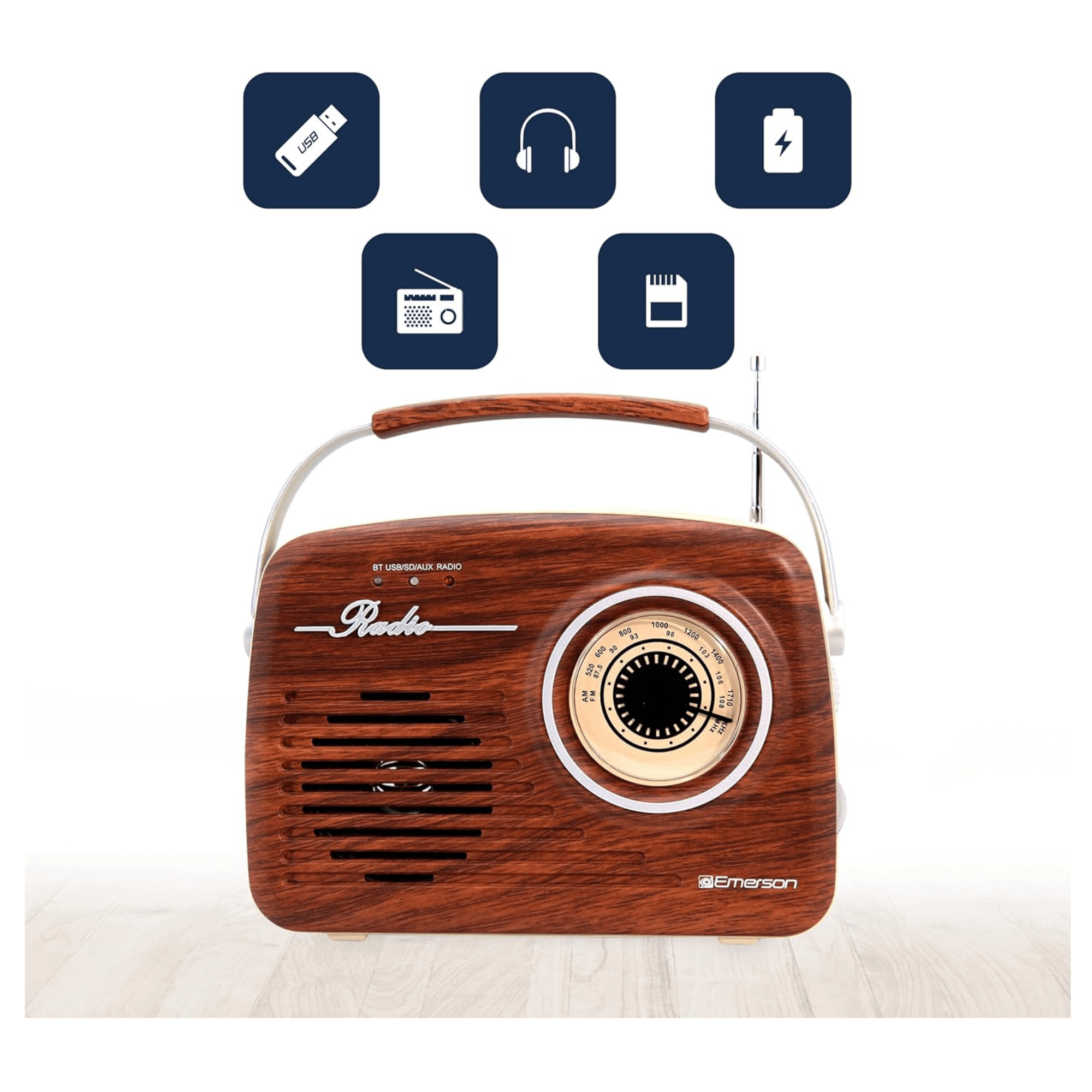 Emerson Portable Retro Radio with Built-In Rechargeable Battery and Memory Set Jupiter Gear Home