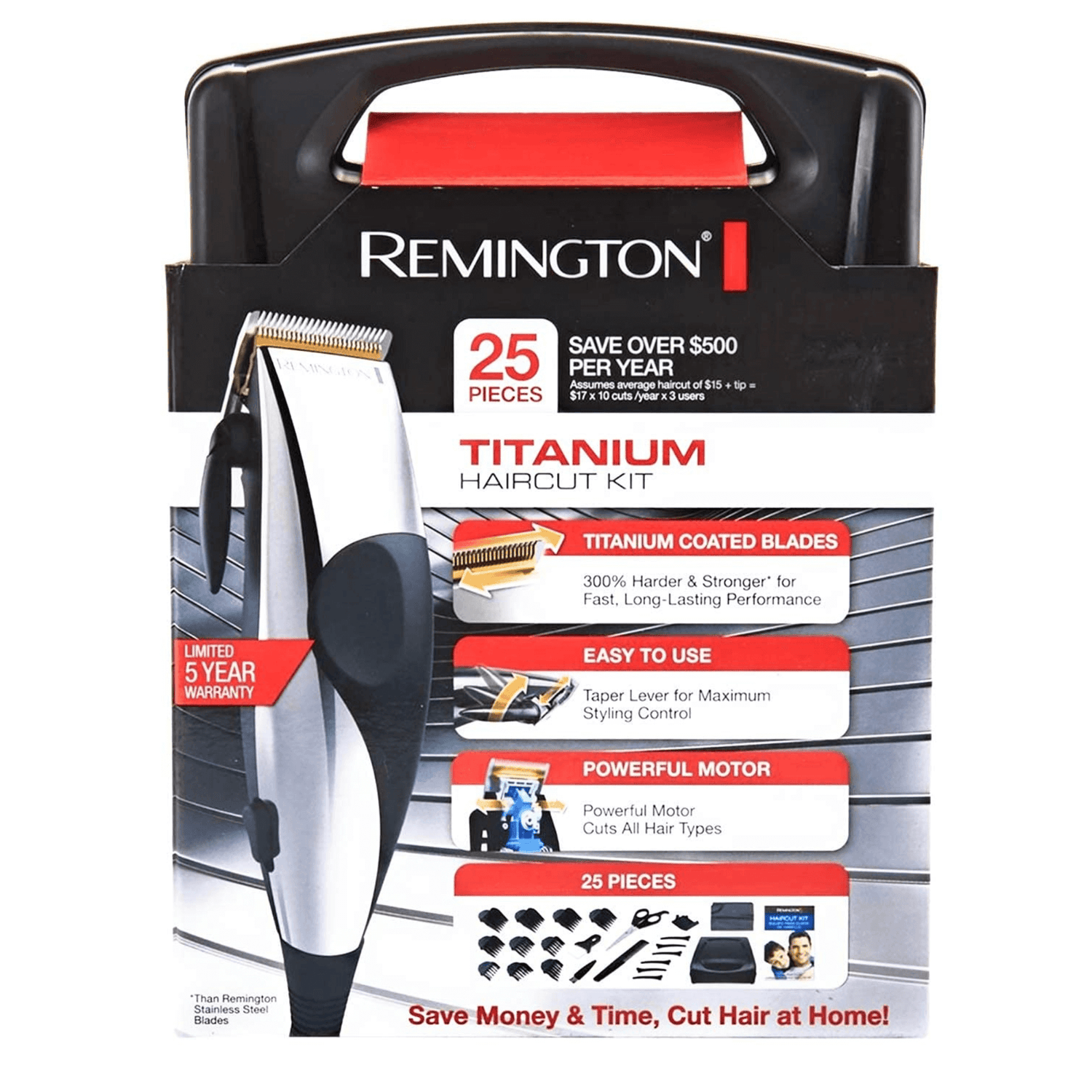 Remington Titanium 25-Piece Adjustable Hair Clipper Kit with Case Jupiter Gear Home
