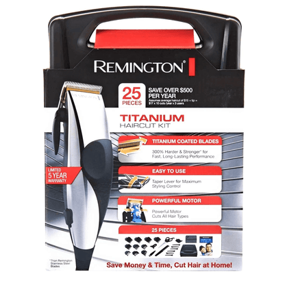Remington Titanium 25-Piece Adjustable Hair Clipper Kit with Case Jupiter Gear Home