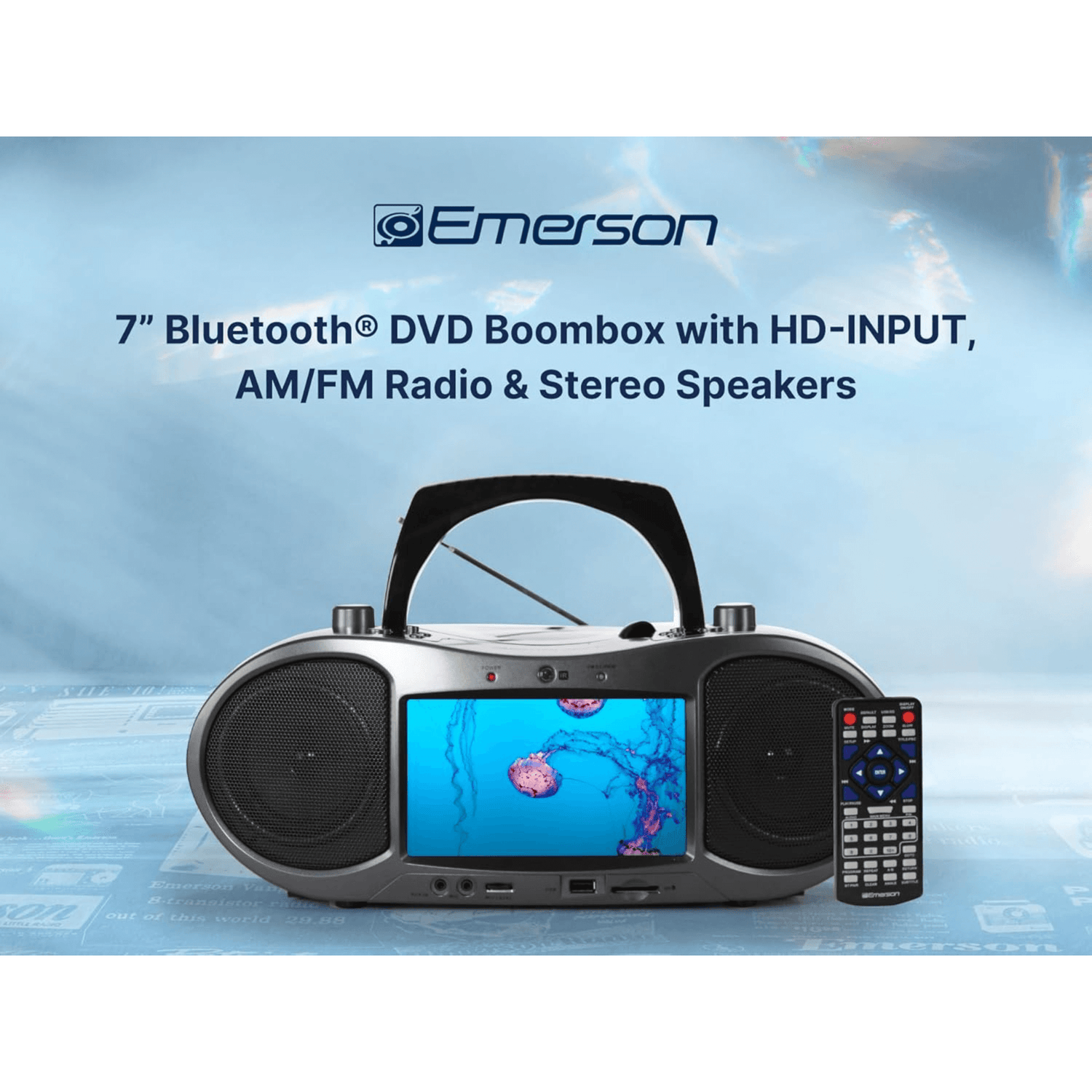 Emerson 7” Bluetooth DVD Boombox with HD-INPUT AM/FM Radio and Stereo Speakers Jupiter Gear Home