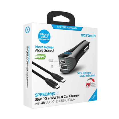 Naztech N420 PD25W+2.4A  Car Charger + C - C Cable 4Ft Jupiter Gear Home