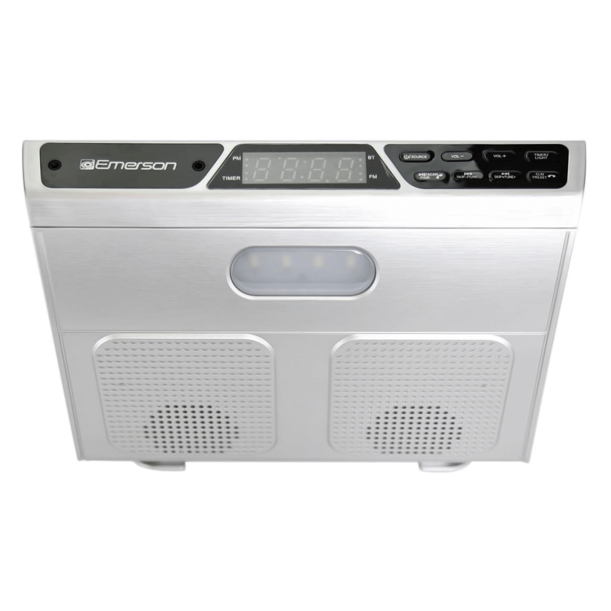 Emerson Under Cabinet FM Radio w Bluetooth, Station Memory and Clock with Timer Jupiter Gear Home