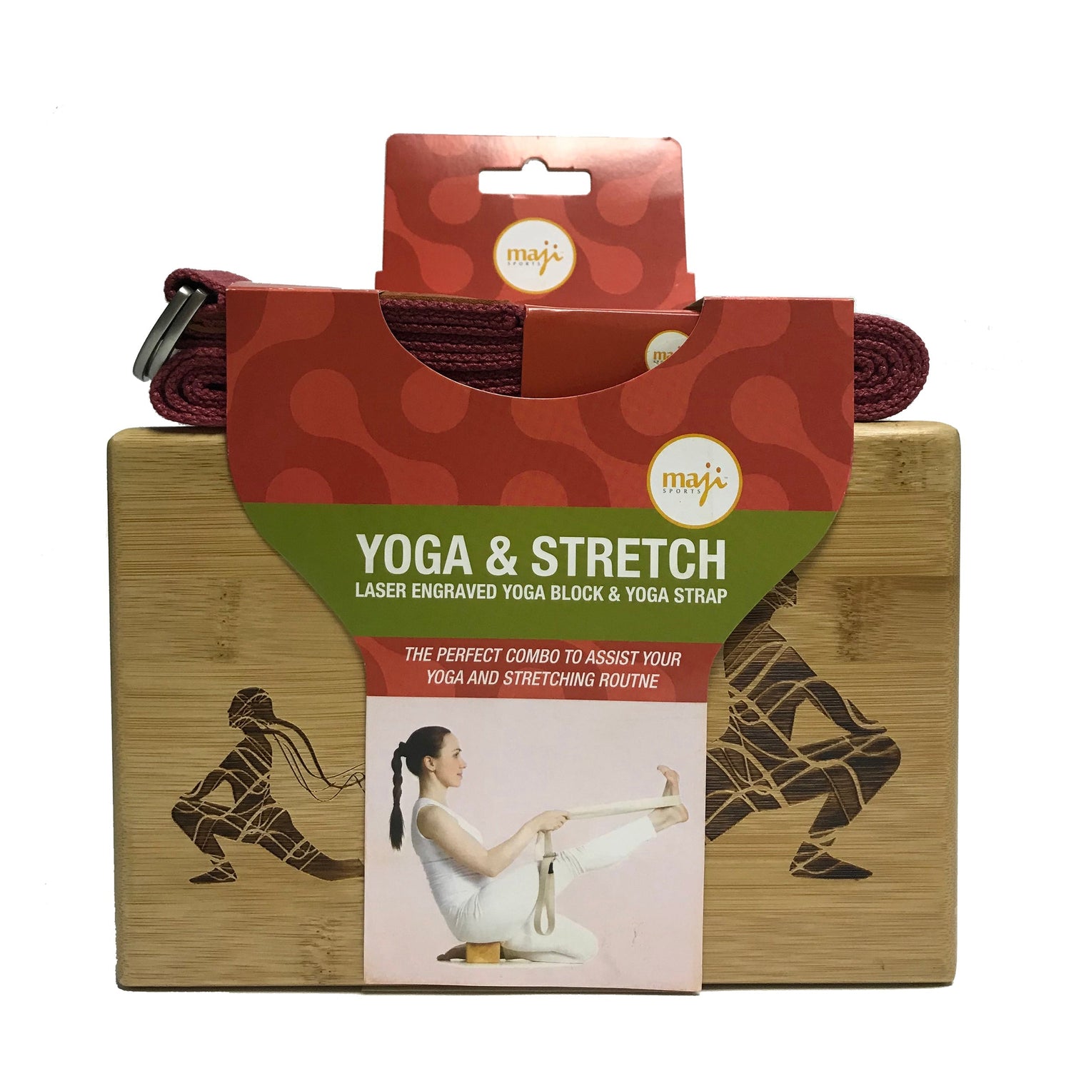Maji Sports Laser Engraved Bamboo Yoga Block &amp; Strap Combo Jupiter Gear Home