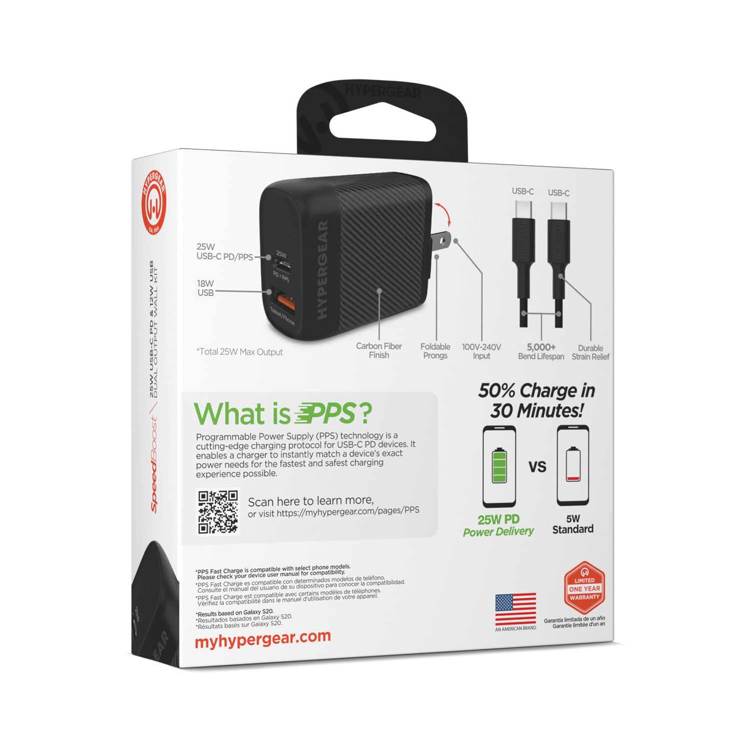 HyperGear SpeedBoost 25W USB-C PD + 12W USB Fast Wall Charger with PPS and 6ft USB-C Cable Jupiter Gear Home