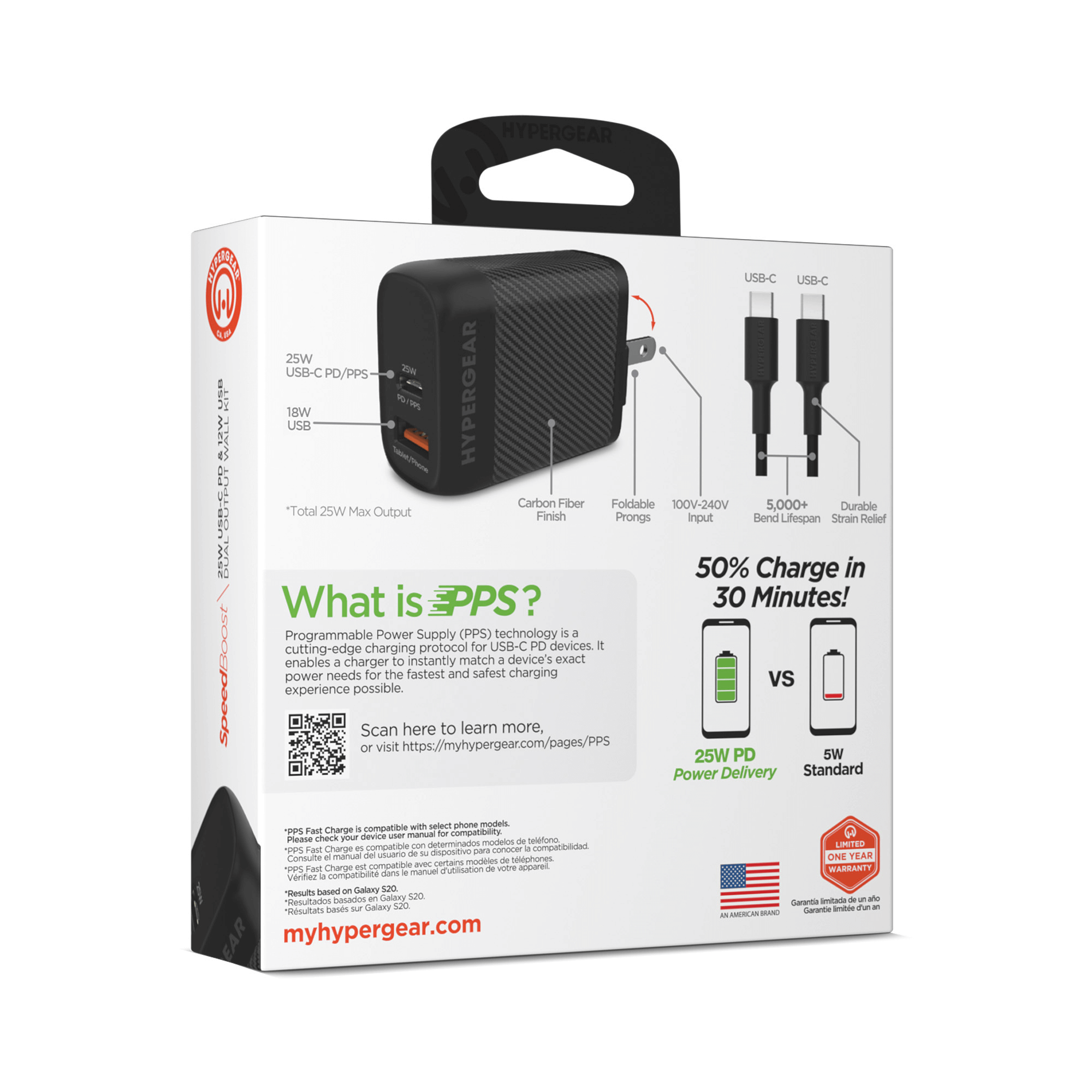 HyperGear SpeedBoost 25W USB-C PD + 12W USB Fast Wall Charger with PPS and 6ft USB-C Cable Jupiter Gear Home
