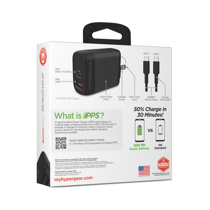 HyperGear SpeedBoost 25W USB-C PD + 12W USB Fast Wall Charger with PPS and 6ft USB-C Cable Jupiter Gear Home
