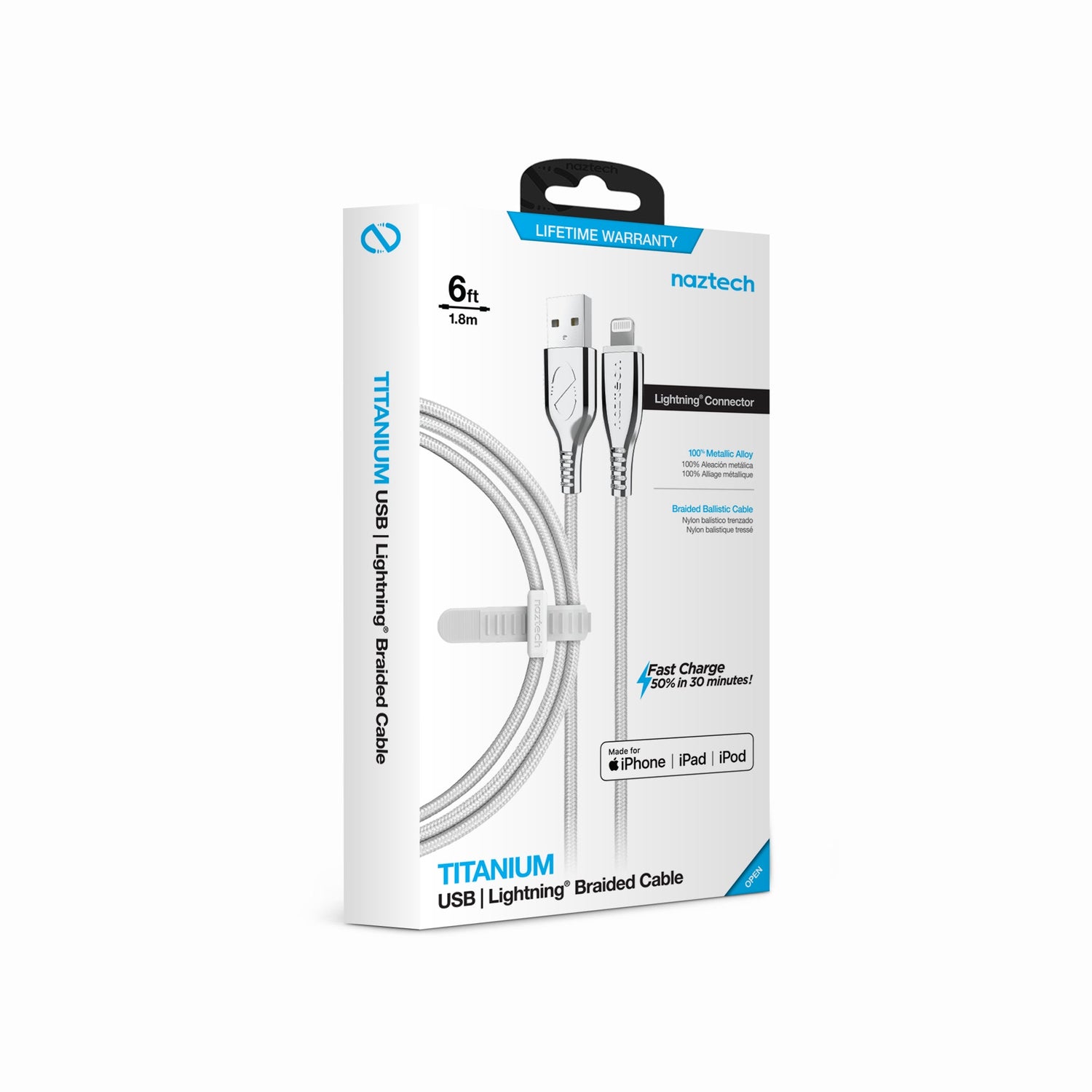 Naztech Titanium USB to MFi Lightning Braided Cable 6ft Jupiter Gear Home