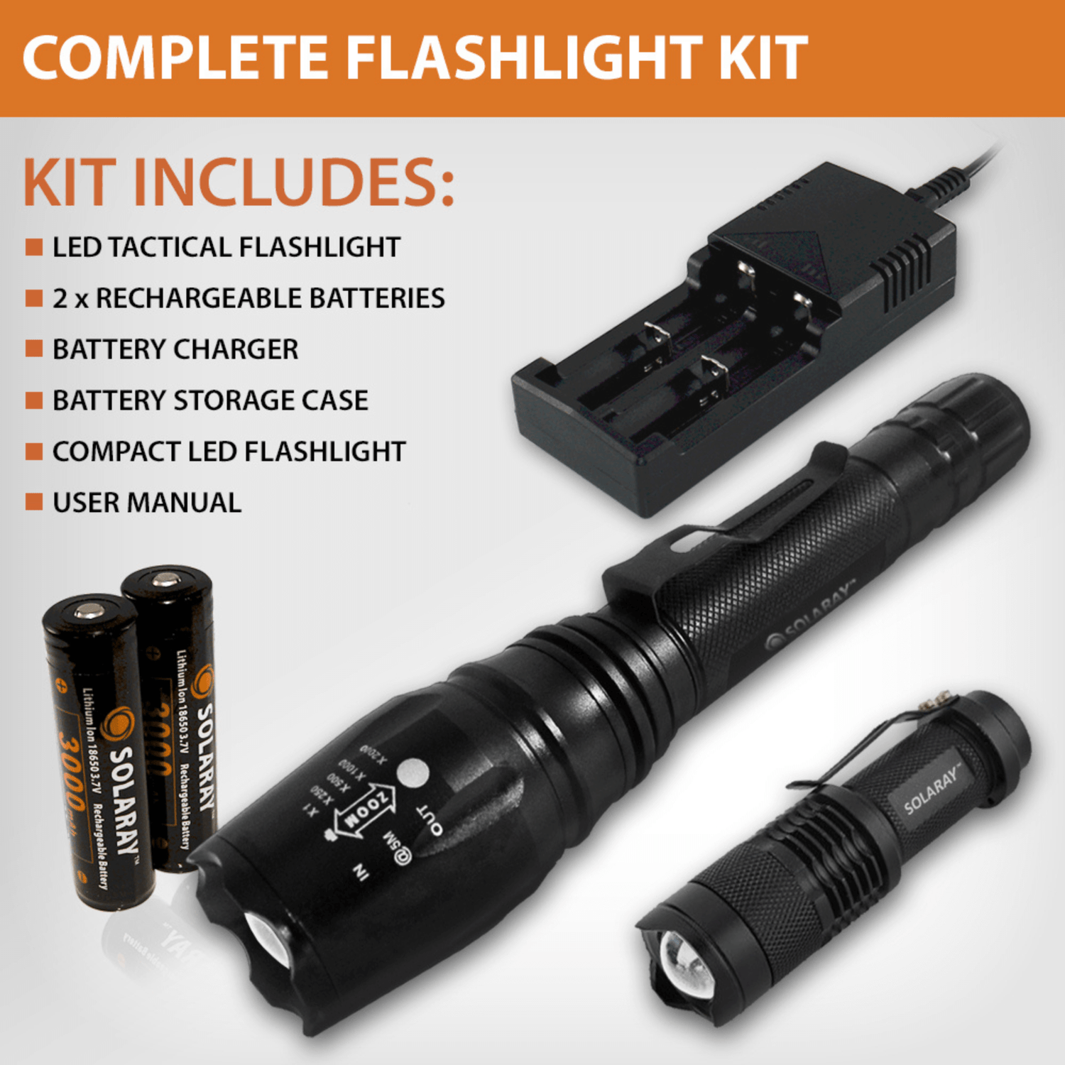 Solaray ZX-1XL 18650 LED Tactical Flashlight Kit Jupiter Gear Home
