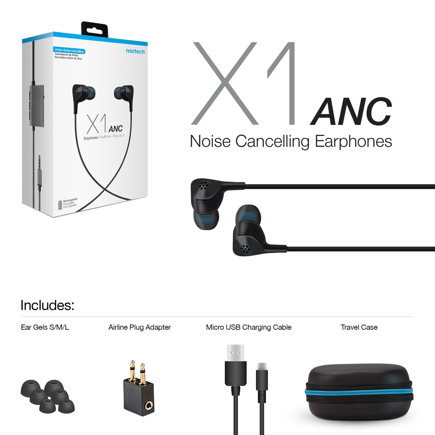 Naztech X1ANC Active Noise Cancelling Earphones 3.5mm Black (14509-HYP) Jupiter Gear Home