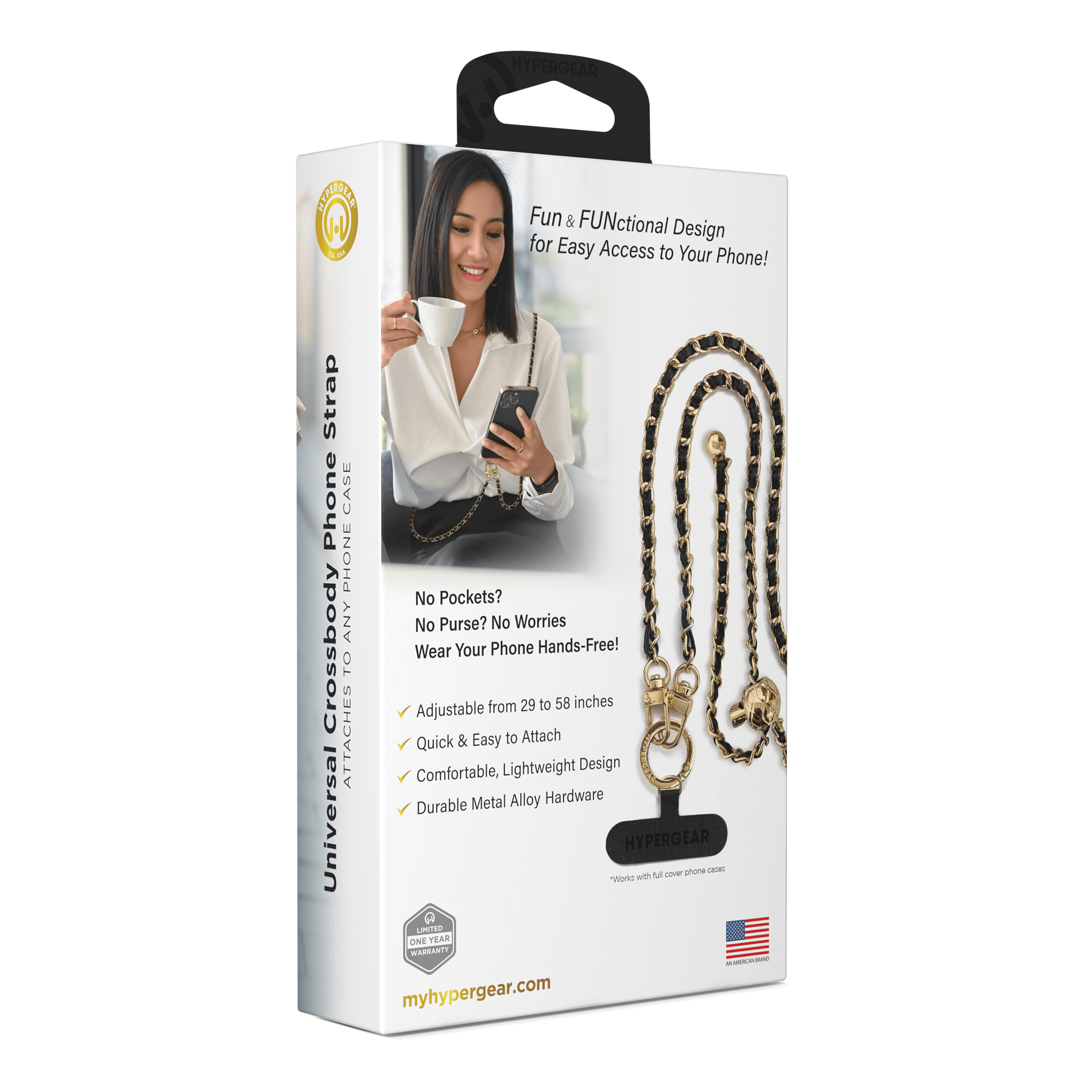 HyperGear TECHcessories Gold Chain with Black Vegan Leather Universal Crossbody Phone Strap Jupiter Gear Home