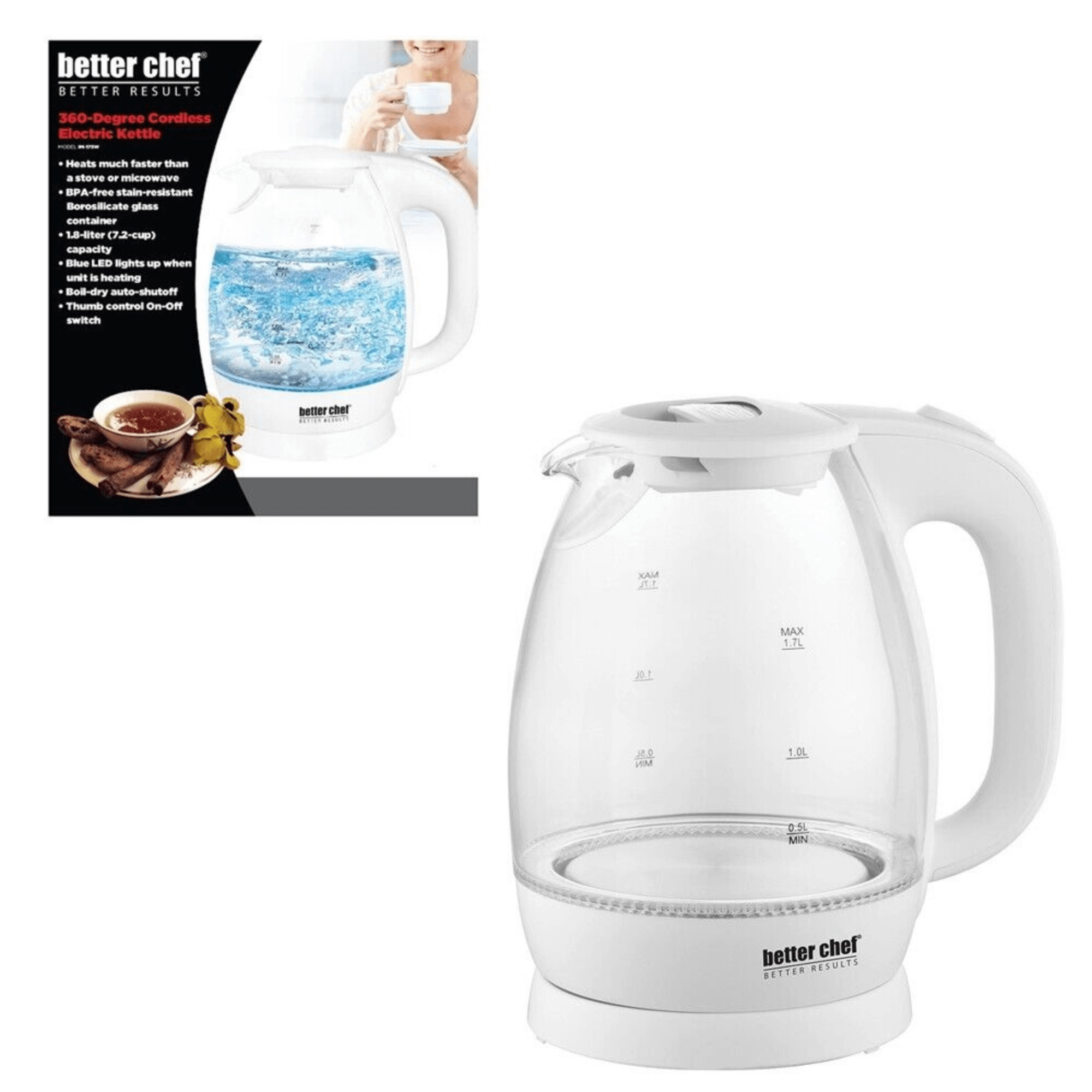 Better Chef 7-Cup Cordless Borosilicate Glass Electric Kettle with LED Light Jupiter Gear Home