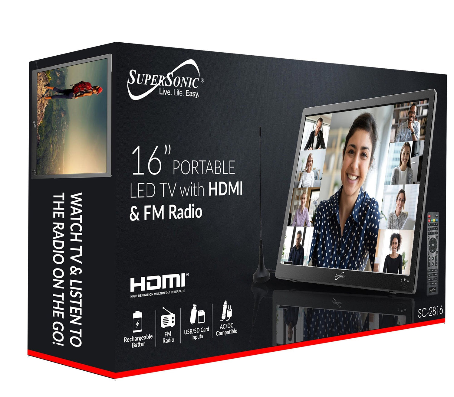 Supersonic Portable 16" 12 Volt Digital LED TV with USB, SD, and HDMI Input, Built-in Rechargeable Lithium Ion Battery and FM Radio (SC-2816) Jupiter Gear Home