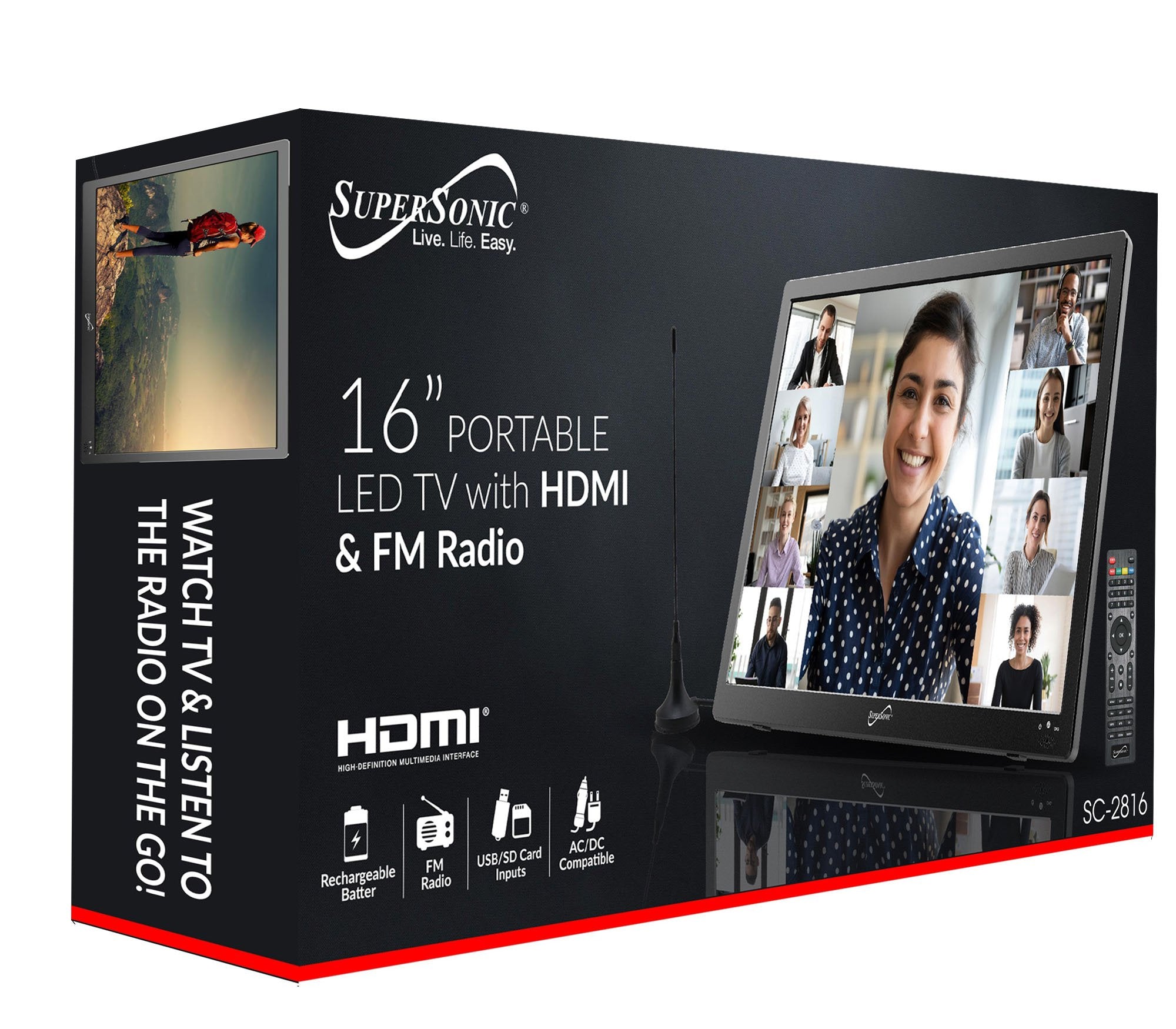 Supersonic Portable 16" 12 Volt Digital LED TV with USB, SD, and HDMI Input, Built-in Rechargeable Lithium Ion Battery and FM Radio (SC-2816) Jupiter Gear Home
