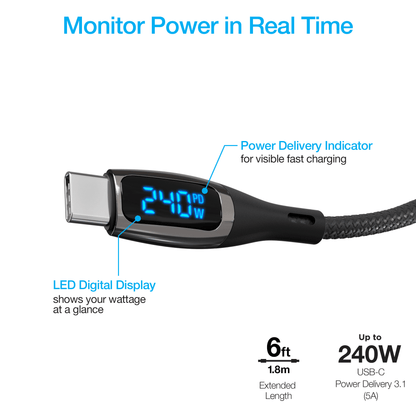 Naztech DigiWATT USB-C to USB-C Digital LED Cable 6ft Jupiter Gear Home