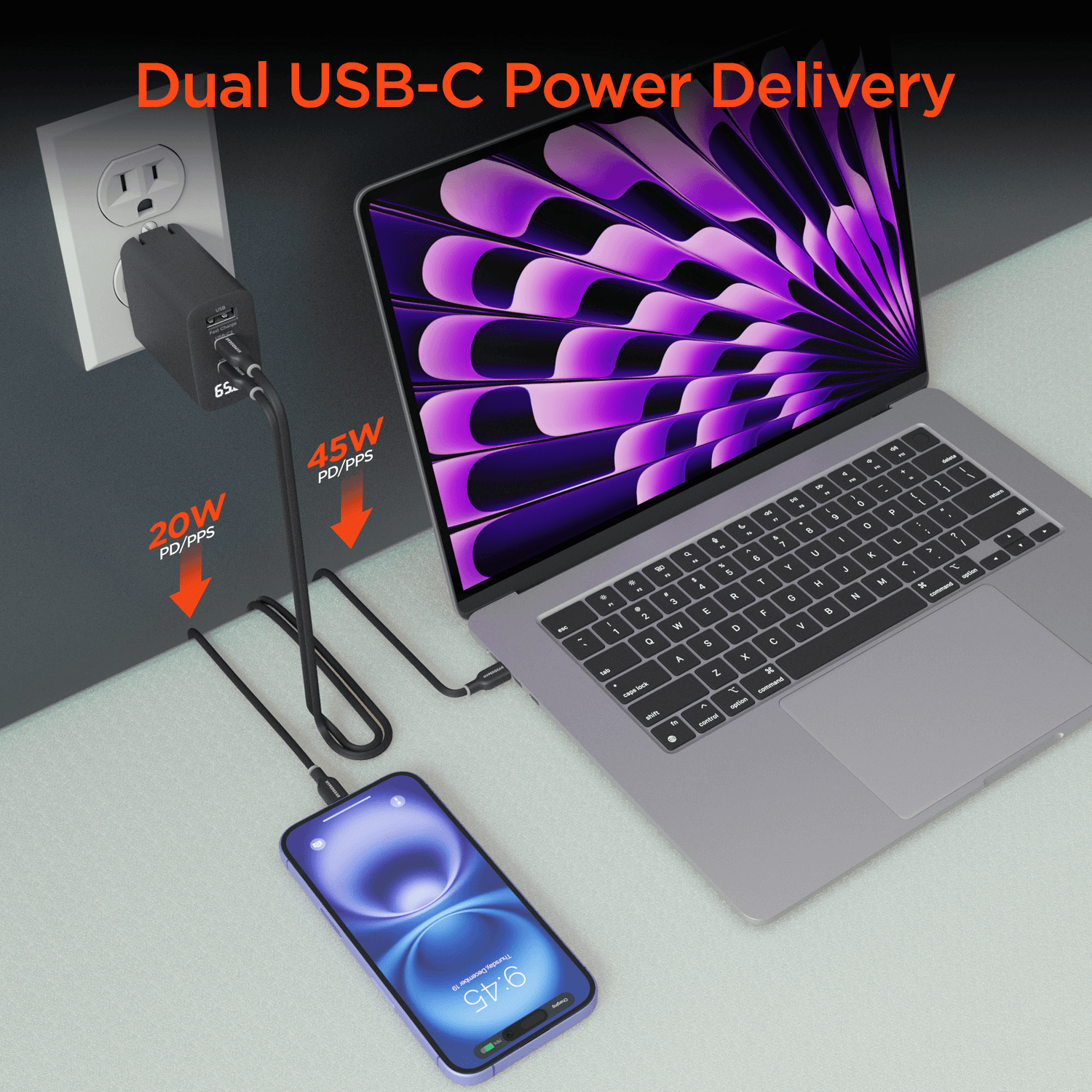 HyperGear SpeedBoost 65W USB-C PD Tri-Port GaN Laptop Charger with PPS and Digital Display Jupiter Gear Home