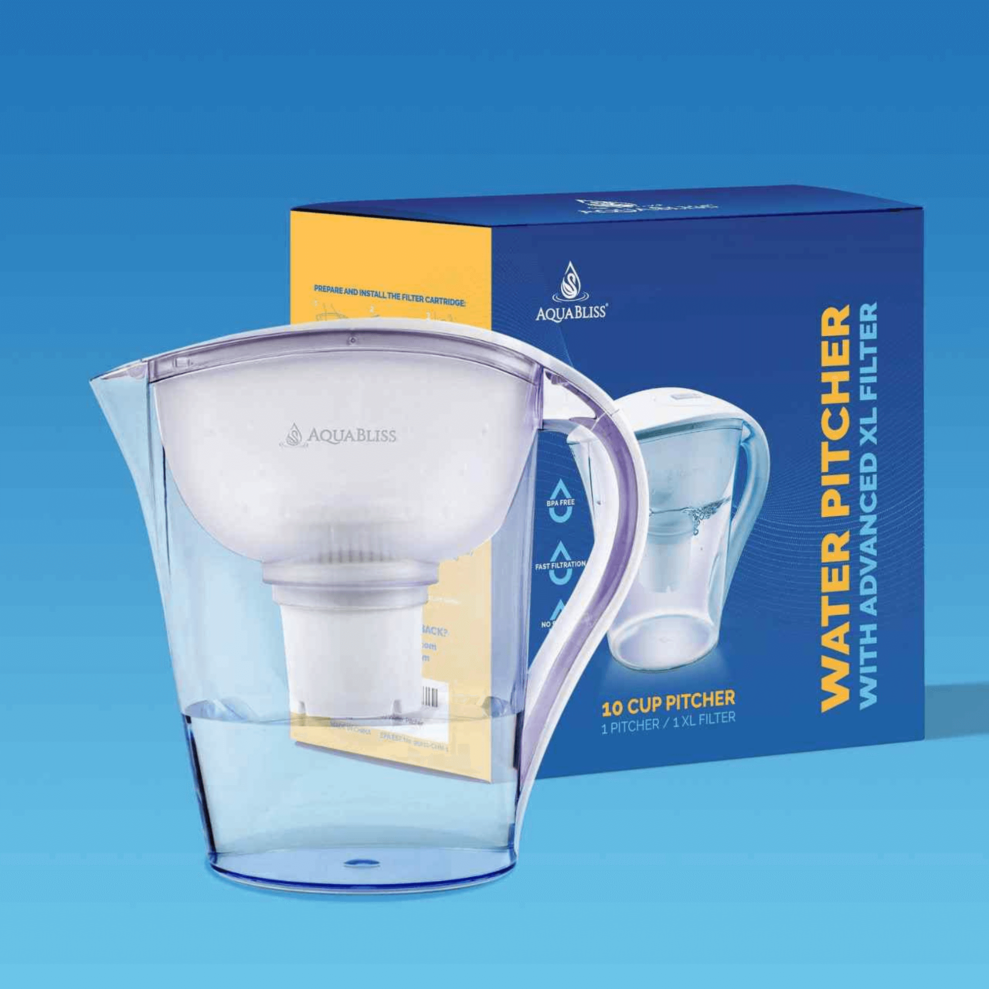 AquaBliss 10-Cup Water Filter Pitcher with 3 XL Filters Jupiter Gear Home