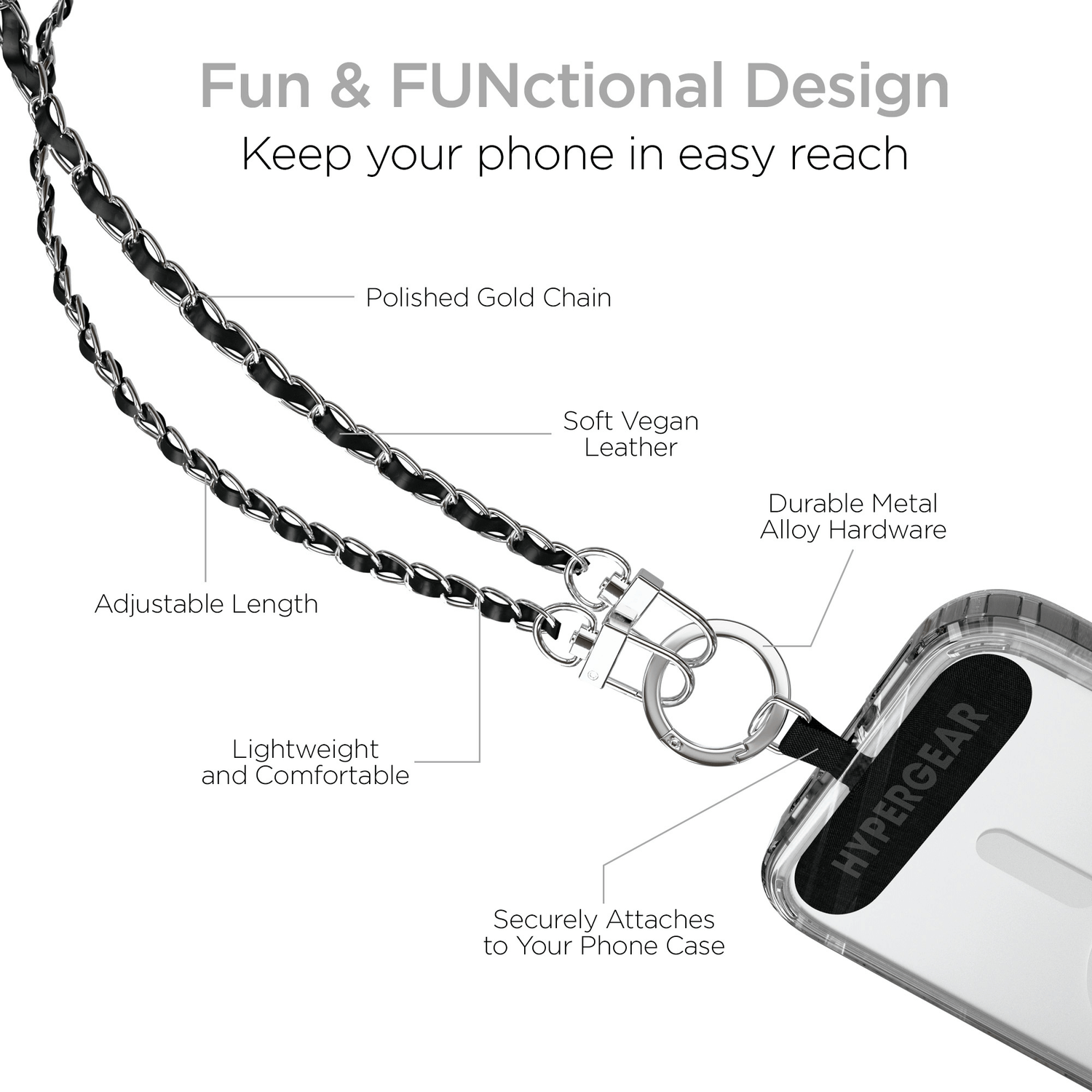 HyperGear TECHcessories Silver Chain with Black Vegan Leather Universal Crossbody Phone Strap Jupiter Gear Home