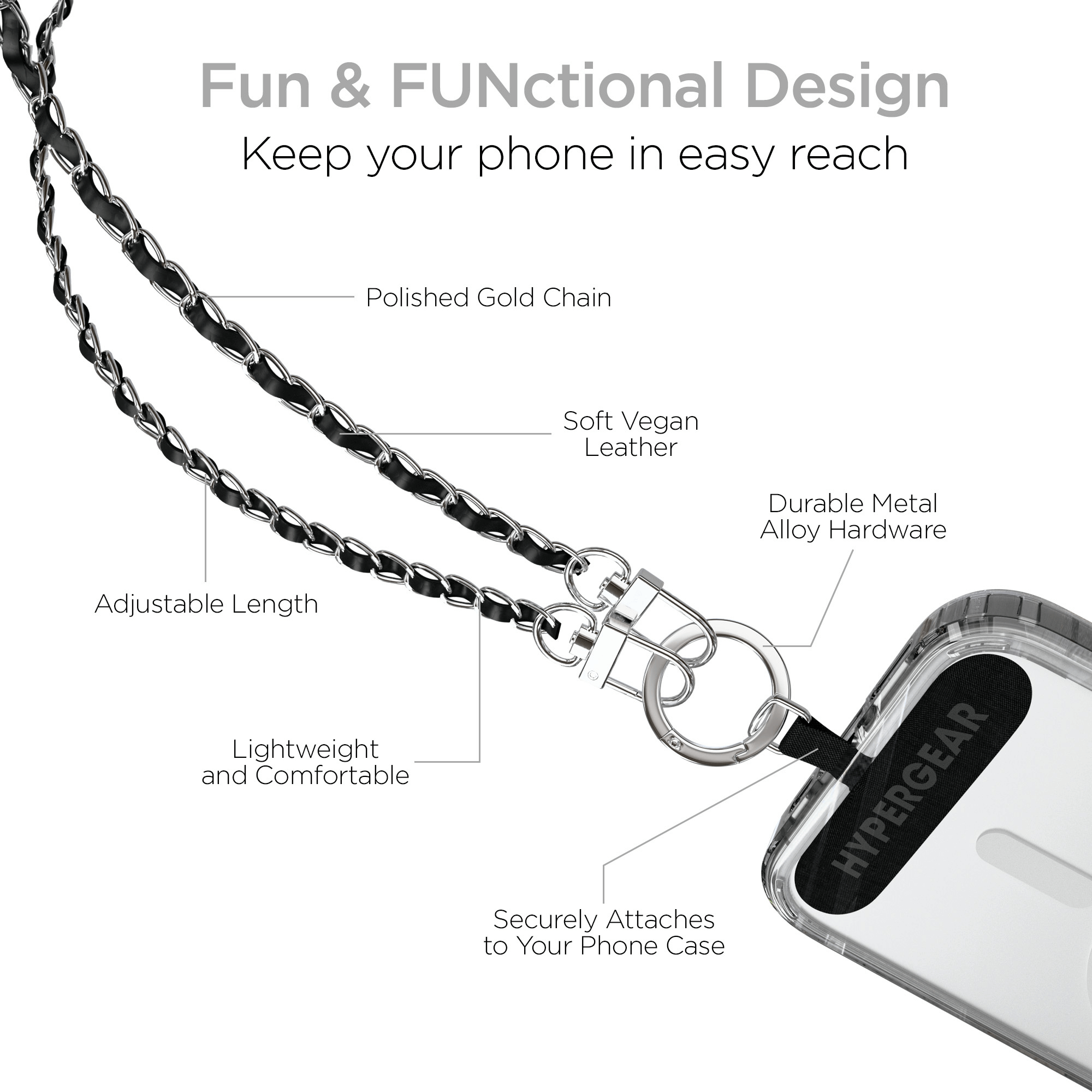 HyperGear TECHcessories Silver Chain with Black Vegan Leather Universal Crossbody Phone Strap Jupiter Gear Home