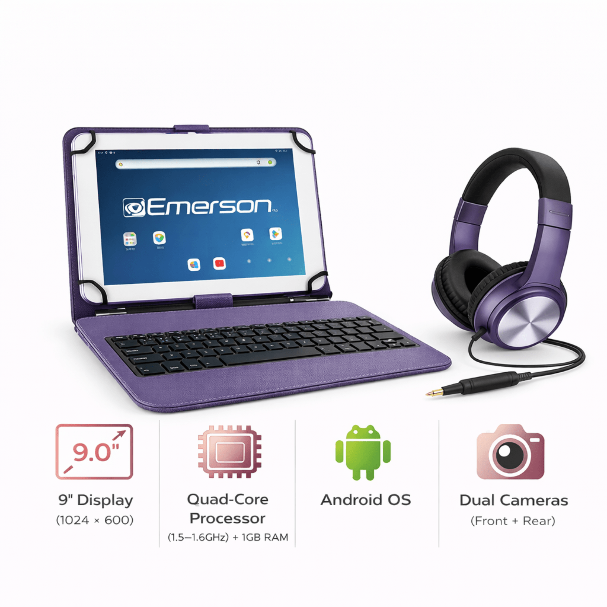 Emerson 9” Quad Core Tablet with Android 14 Purple - Refurbished Jupiter Gear Home