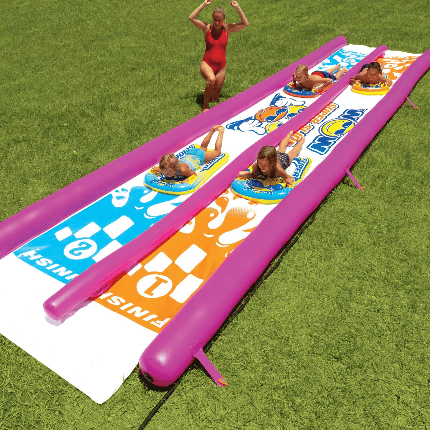 WOW Watersports Giant Backyard Double Lane Lawn Slide, Heavy Duty PVC and 2 Inflatable Sleds Jupiter Gear Home