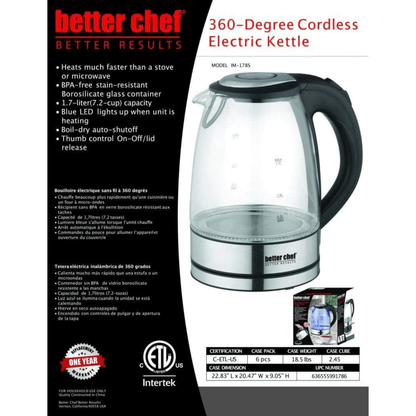 Better Chef 1500W 7-Cup Cordless Electric Borosilicate Glass Kettle with 360 Degree Swivel Base Jupiter Gear Home