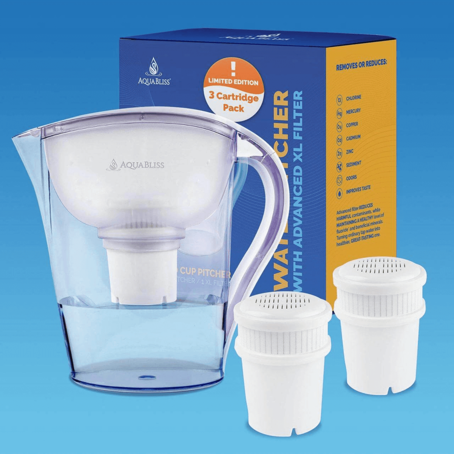 AquaBliss 10-Cup Water Filter Pitcher with 3 XL Filters Jupiter Gear Home