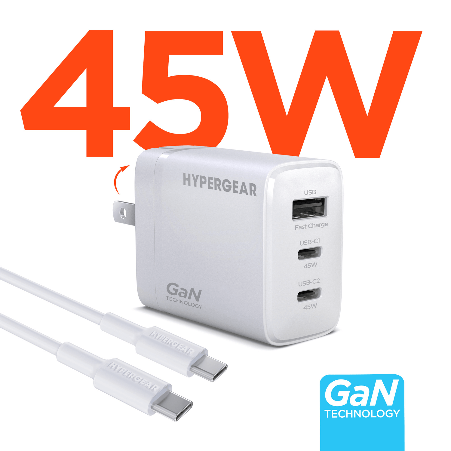 HyperGear SpeedBoost 45W USB-C PD Tri-Port GaN Fast Wall Charger with PPS and 6ft USB-C Cable Jupiter Gear Home