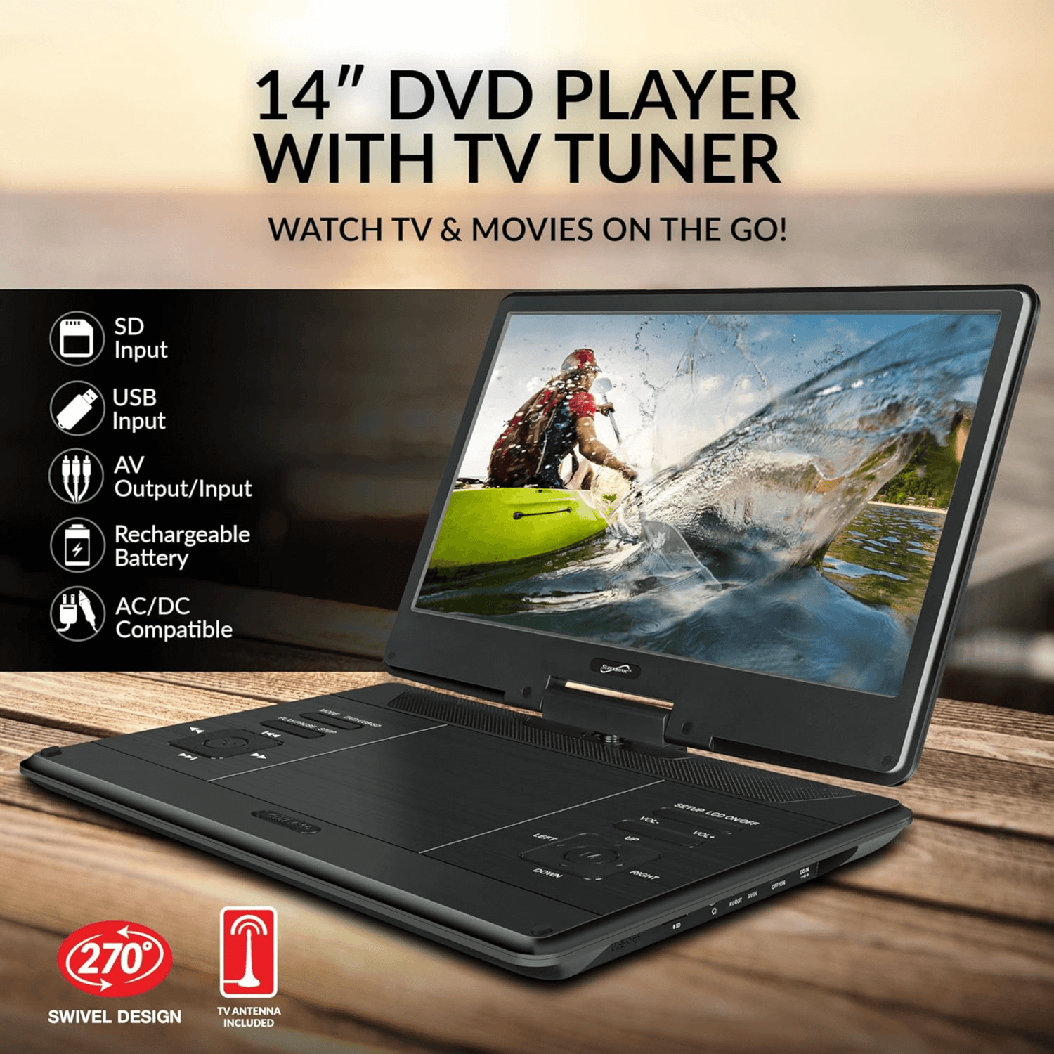 Supersonic 14-Inch Portable LED DVD Player with Built-in Hybrid TV Tuners ACDC Compatible Jupiter Gear Home