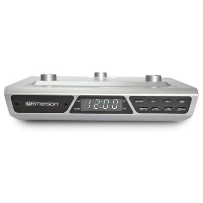 Emerson Under Cabinet FM Radio w Bluetooth, Station Memory and Clock with Timer Jupiter Gear Home