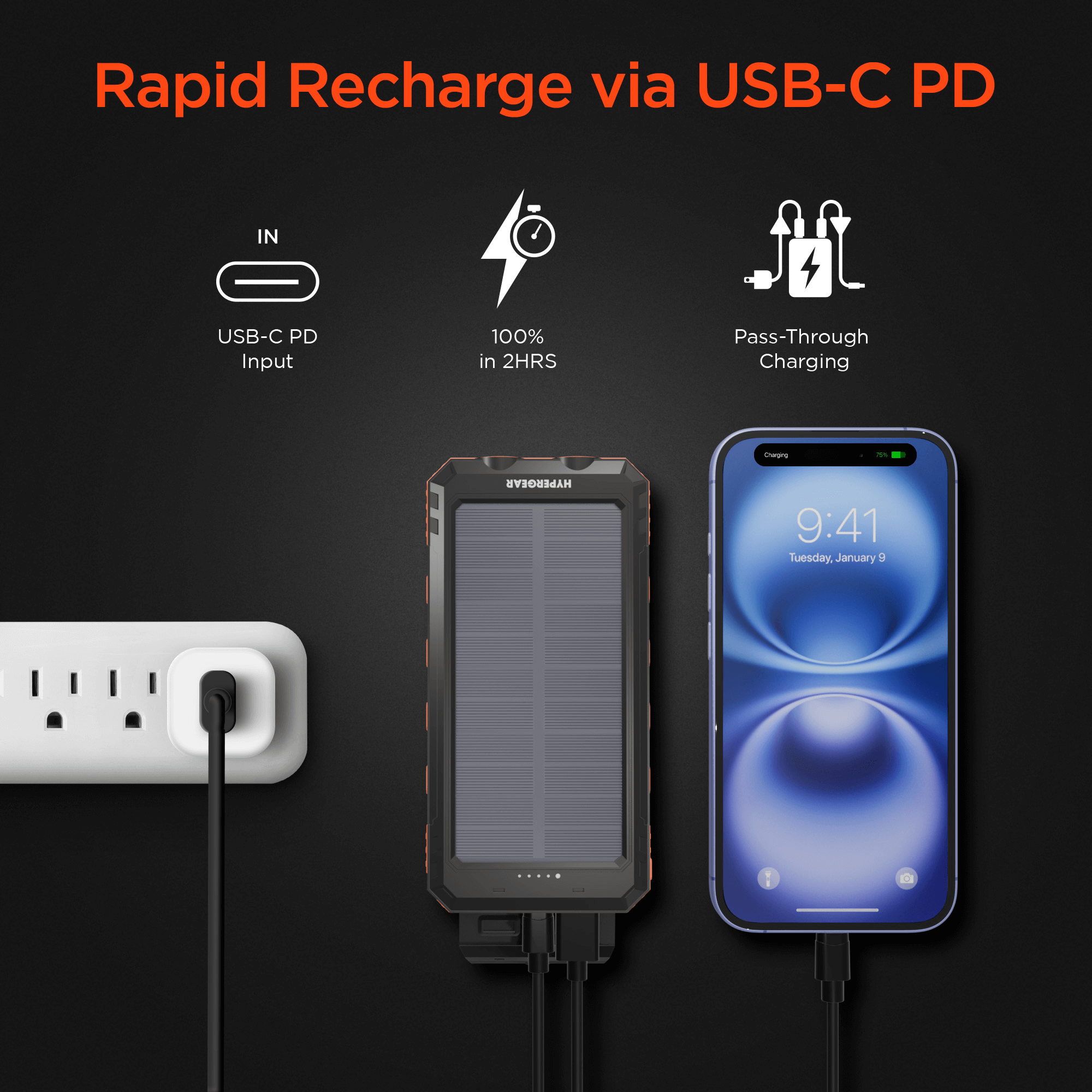 HyperGear SolPro 10K Fast Charge Solar 10000mAh PD Power Bank Jupiter Gear Home